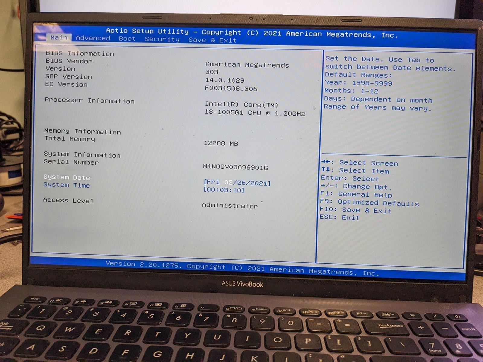 ASUS VIVOBOOK F512J i3-1005G1 @ 1.20 GHz, 12GB RAM, NO HDD/OS