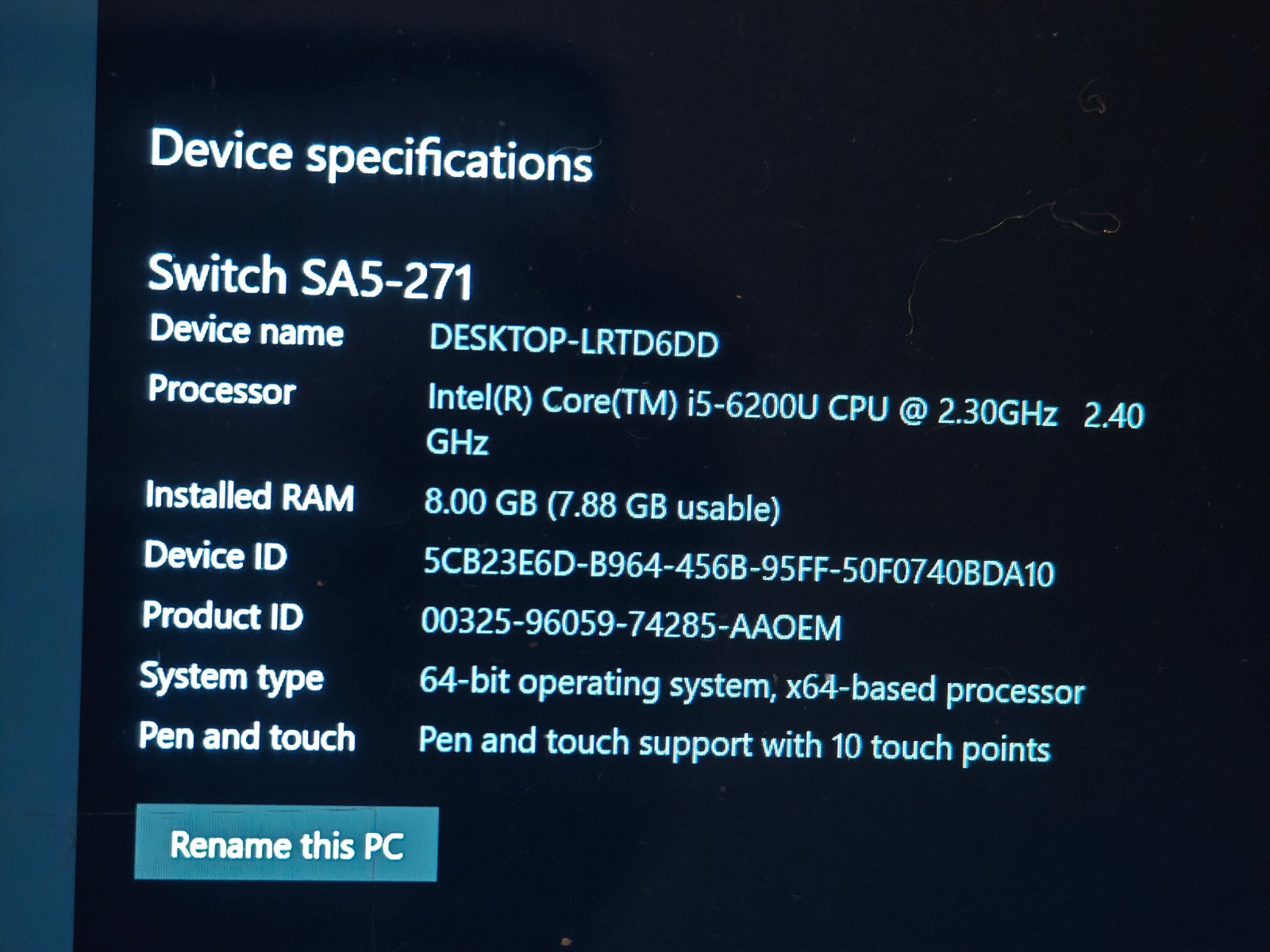 Acer Switch Alpha 12 N16P3; 128GB SSD, 8GB RAM, Intel i5-6200u – SCREEN NOT WORK