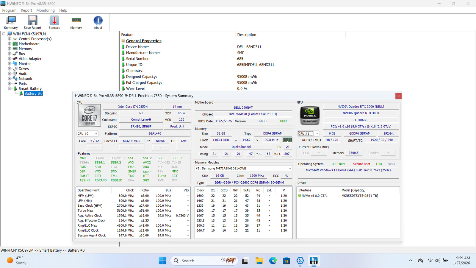 Dell Precision 7550 15″ FHD Touch I7-10850H 1TB SSD 32GB W11 Quadro RTX 3000