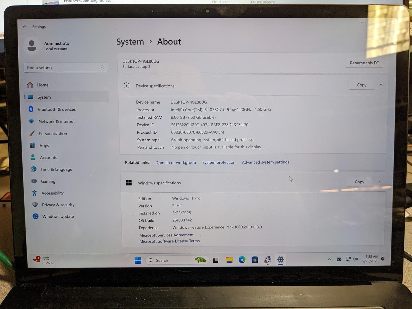 MICROSOFT SURFACE LAPTOP 3 1872 i5-1035G7 @ 1.2GHZ, 8GB RAM, NO HDD/OS – (PARTS)