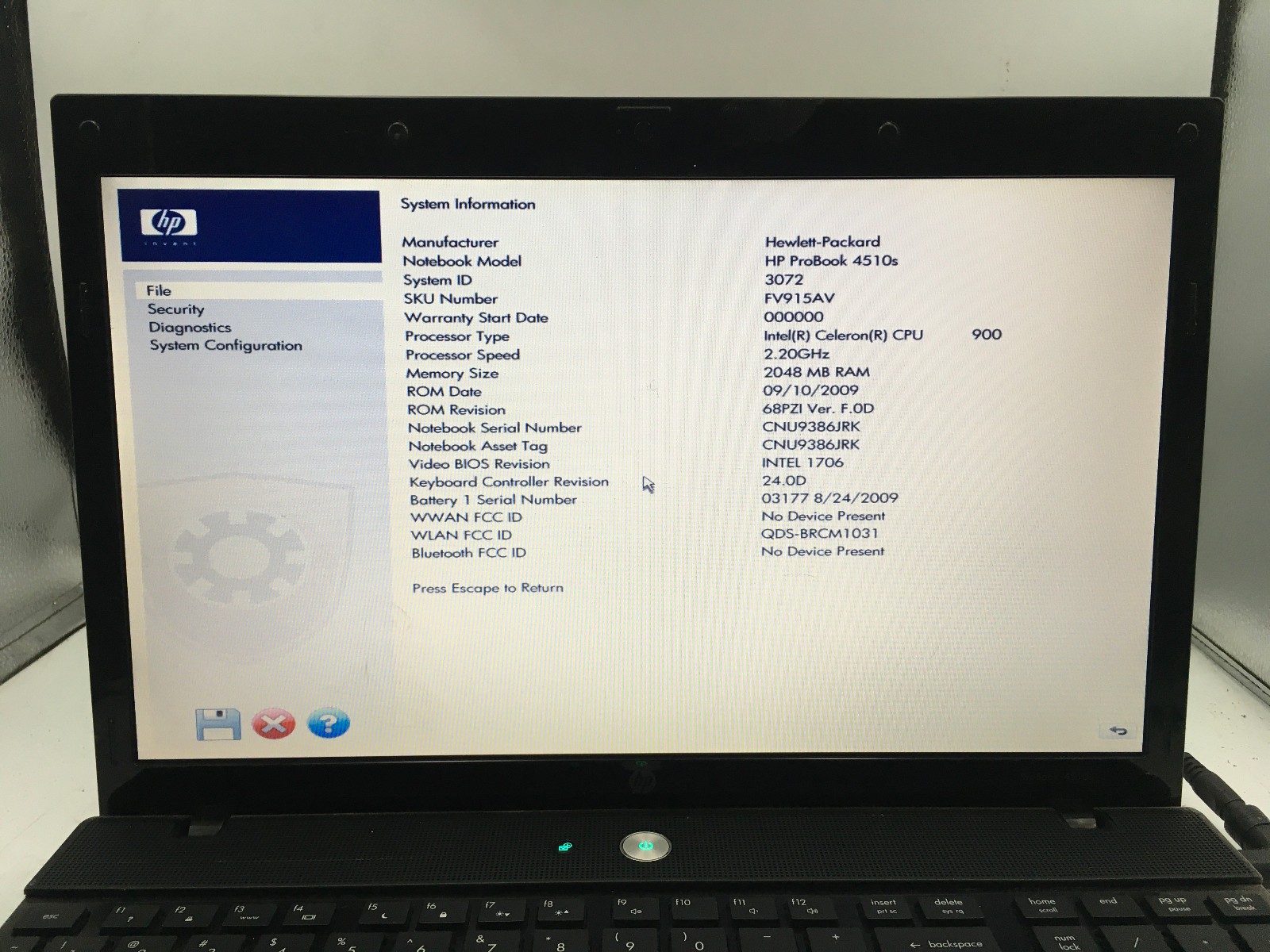 HP PROBOOK 4510S – BOOTS TO BIOS – INTEL CELERON 900 – 2GB RAM – 15″ – READ – BB