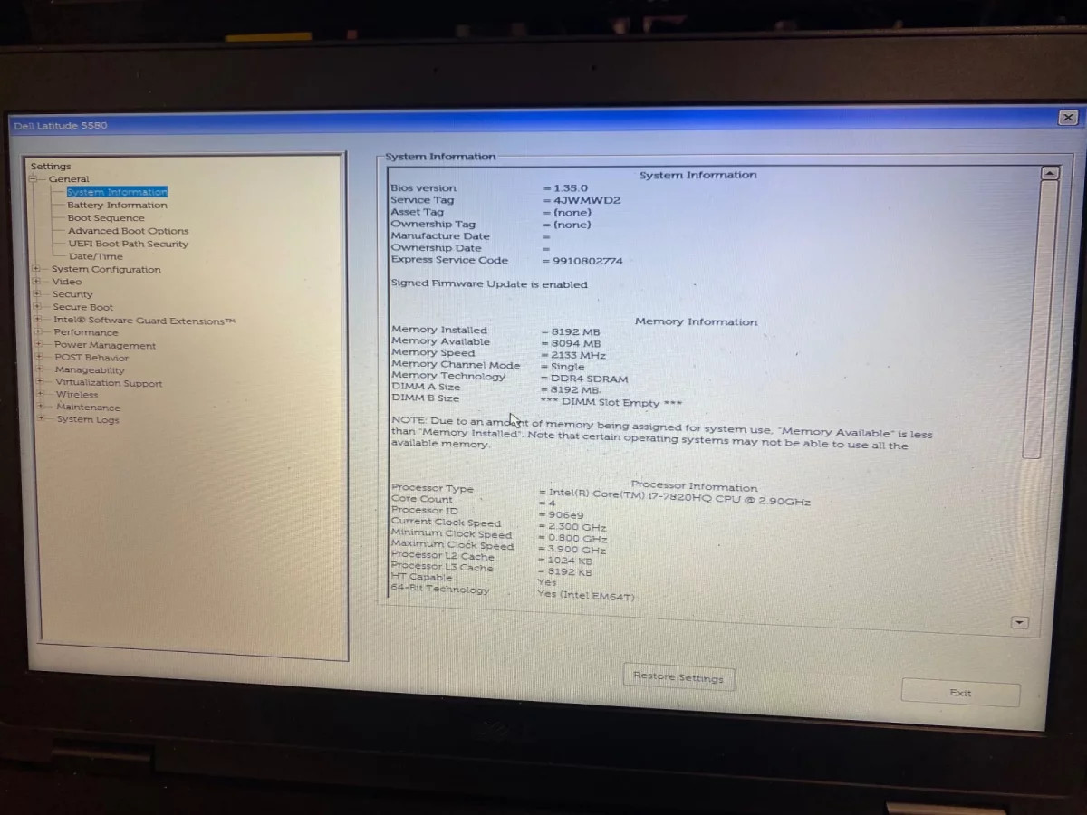 Dell Latitude 5580 i7-7820HQ 8GB RAM No SSD For Parts/Repair