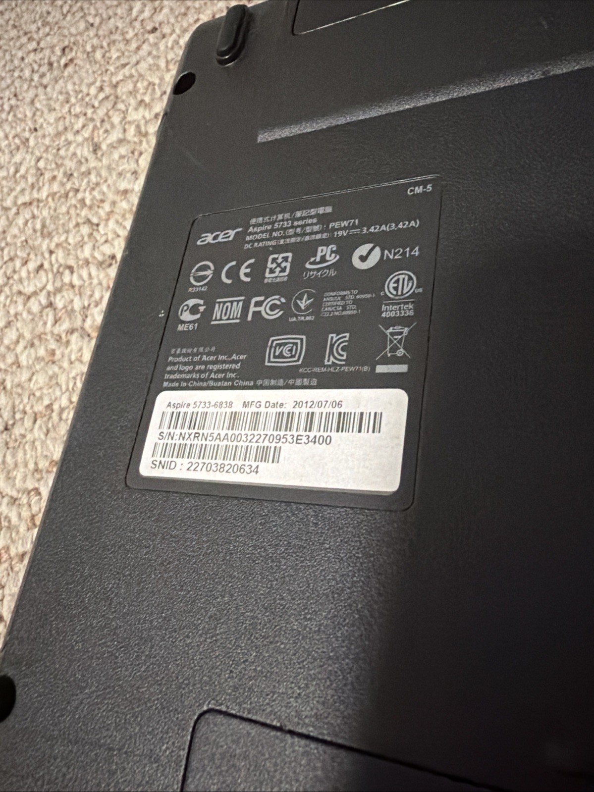 Acer Aspire PEW71 Laptop 5733 15.5″ i5 Win7 500gb 6gb Memory PARTS ONLY