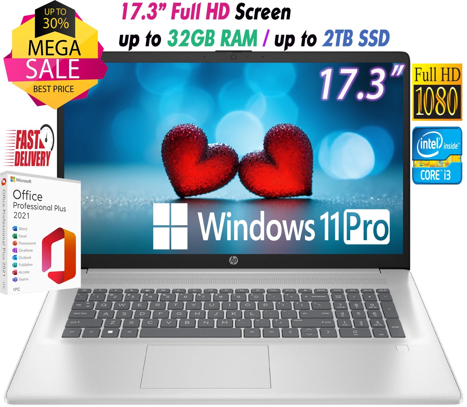 HP Laptop 17.3″ HD+ Intel i3-N305 Up to 32GB RAM & 2TB SSD Windows11 Pro+OFFICE