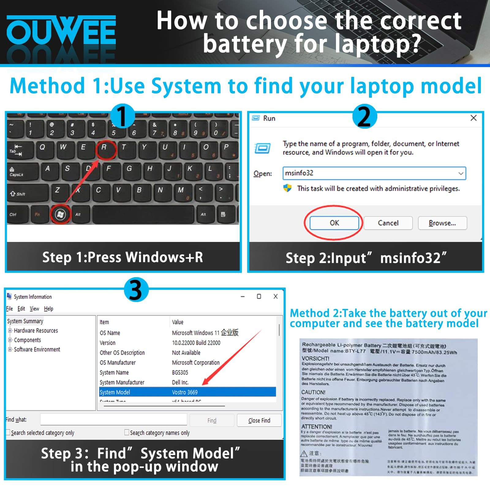 OUWEE BTY-L77 Laptop Battery for MSI GT72 Series 11.1V 7500mAh 83.25Wh