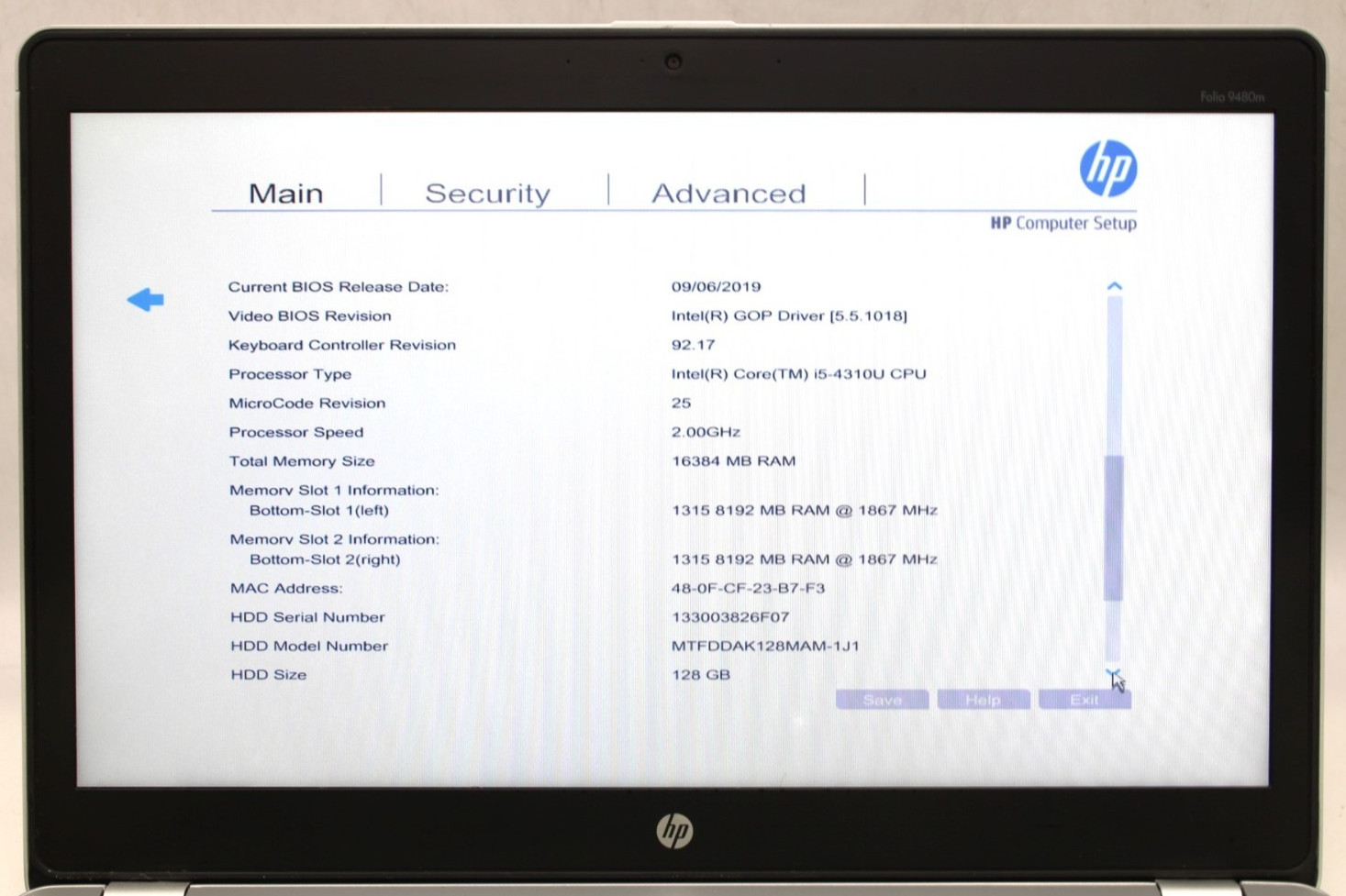 HP EliteBook Folio 9480m-i5-4310U@2.0GHz-8GB DDR3-NO STORAGE OR OS*USED/TESTED*