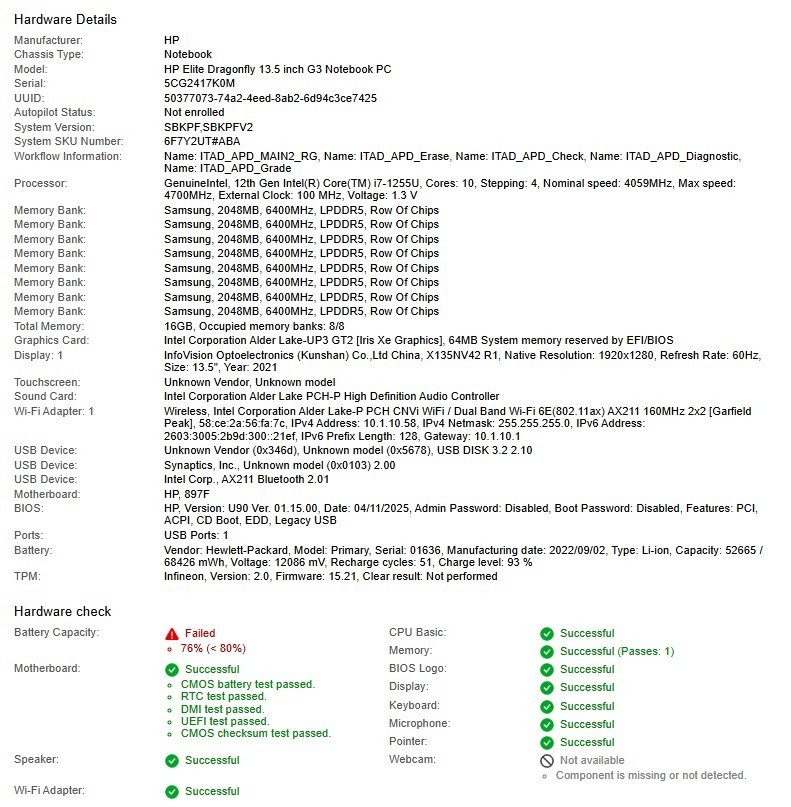 HP Elite Dragonfly G3, Intel i7-1255U, 16GB RAM, No HDD/OS/Adapter