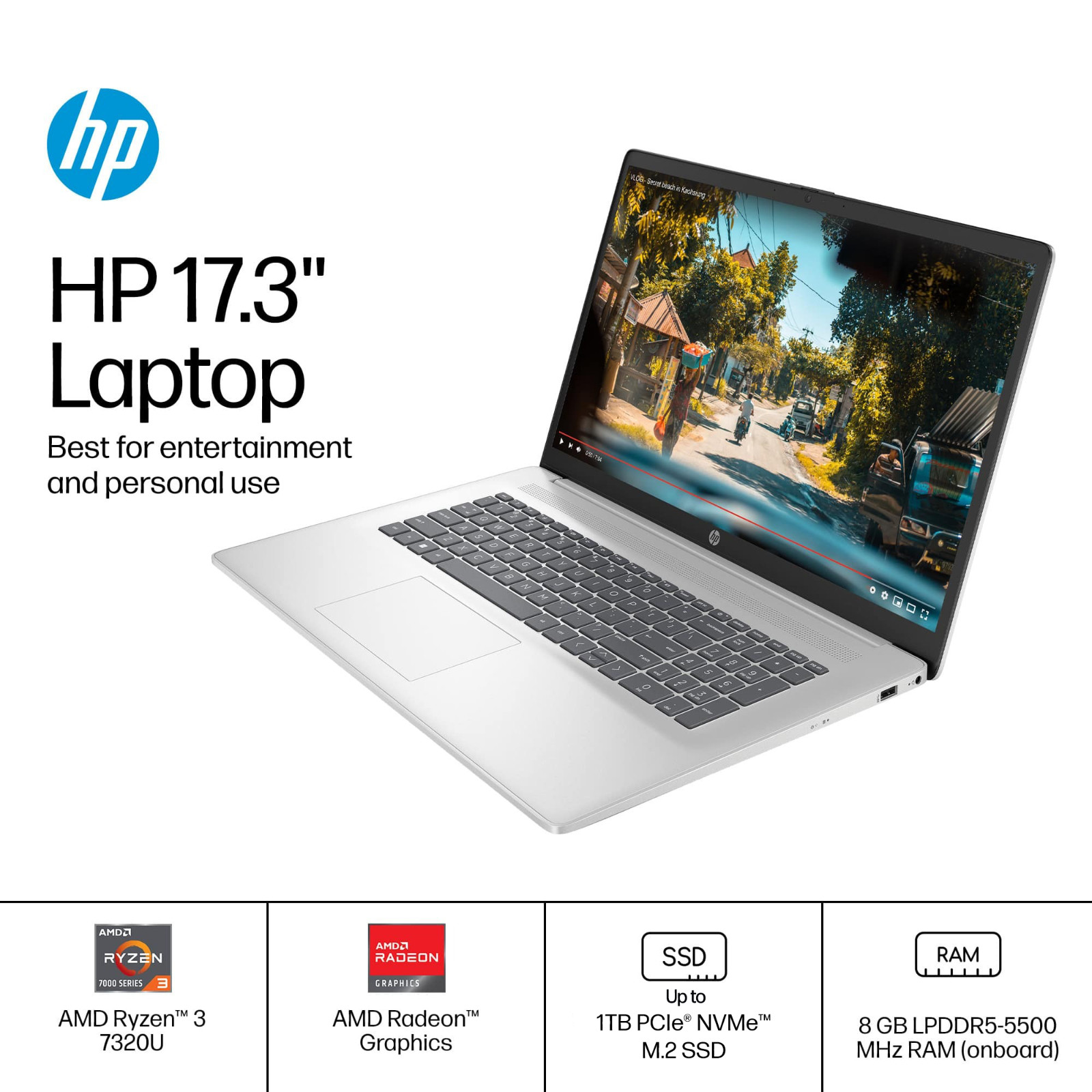 HP Laptop Computer HD+ 17.3″ Office 4-Core Ryzen 3 7320U 8GB RAM & Up to 1TB SSD