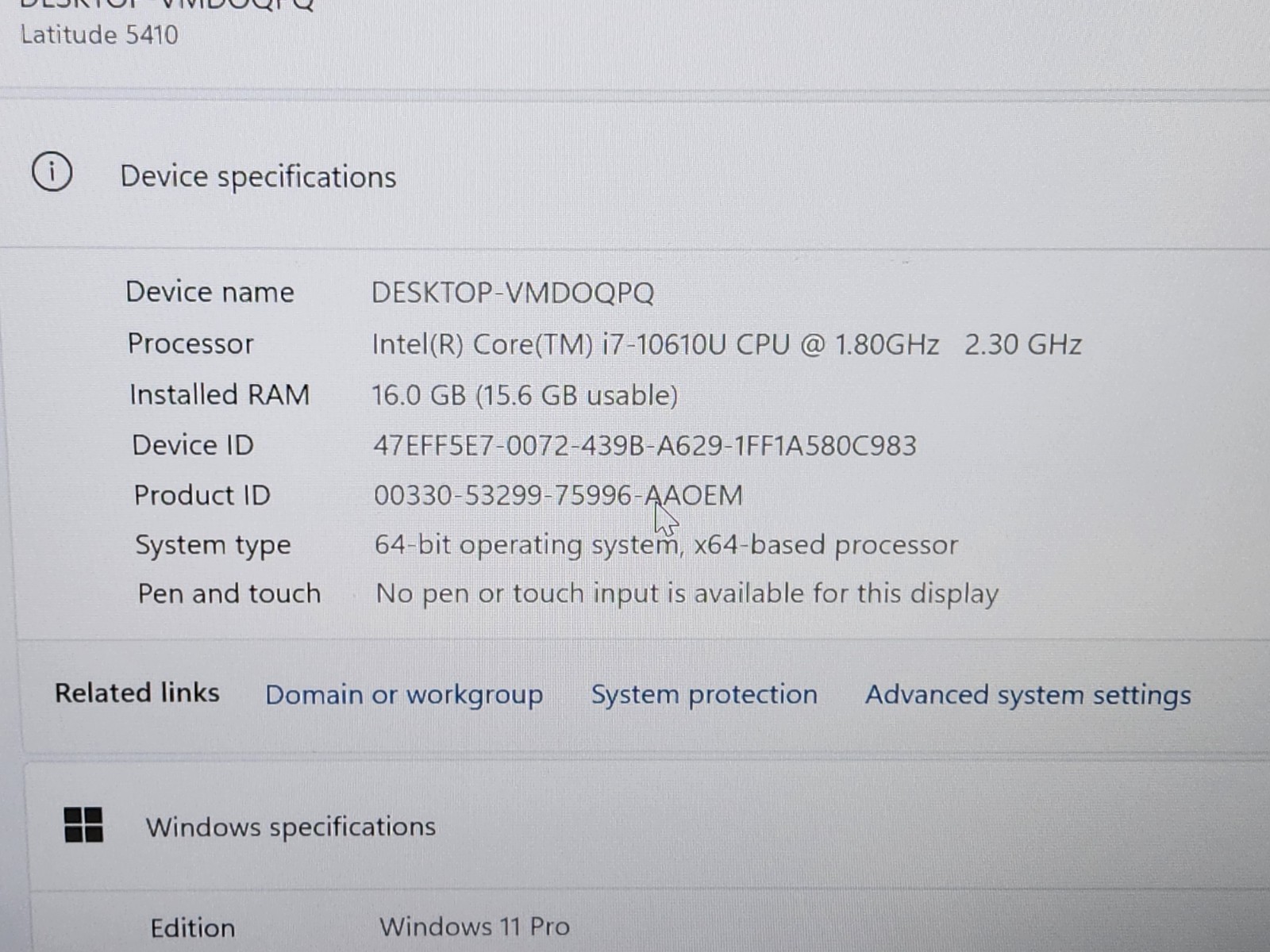Dell Latitude 5410 14″ FHD i7-10610U 1.8GHz 16GB 256GB SSD Windows 11 Pro ~