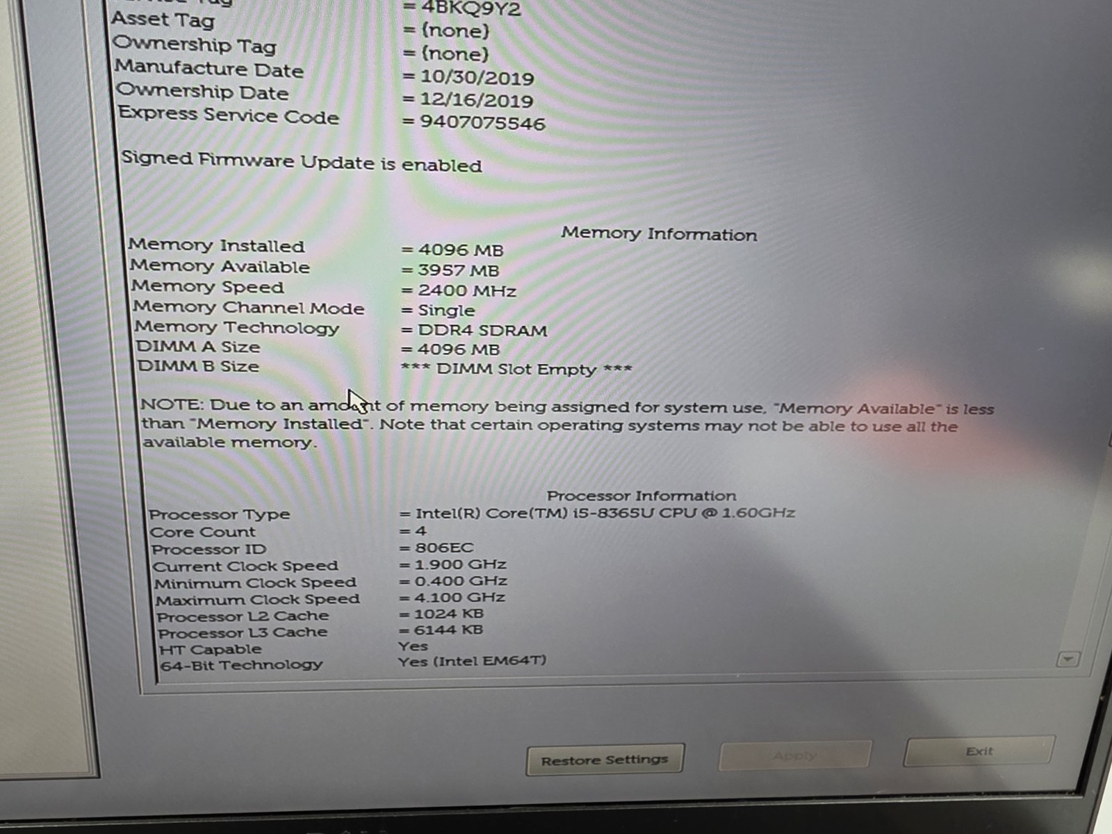 Dell Latitude 7400 FHD Core i5 8365U 1.60GHz/ 4GB RAM NO HDD/BATTERY