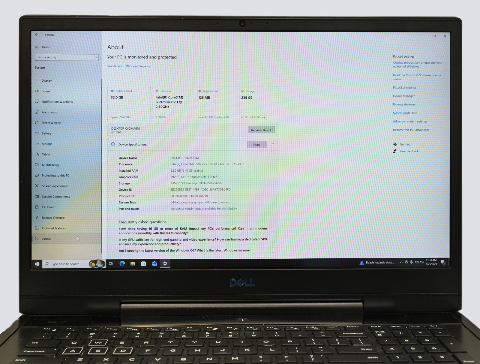 Dell G7 7790 i7-9750H 2.6GHz 16 GB RAM 256 GB SSD – Windows 11 -NO BATTERY