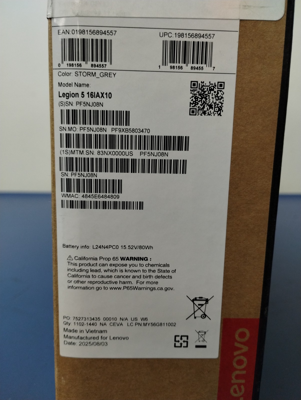 Lenovo Legion 5 16IAX10, Intel CORE Ultra 9 275HX, 2.70 GHz 32 GB RAM, 1 TB NVMe
