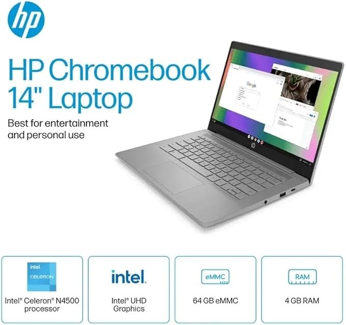 HP Chromebook 14A-NE1013DX 14″ Intel Celeron N4500 64GB- Silver