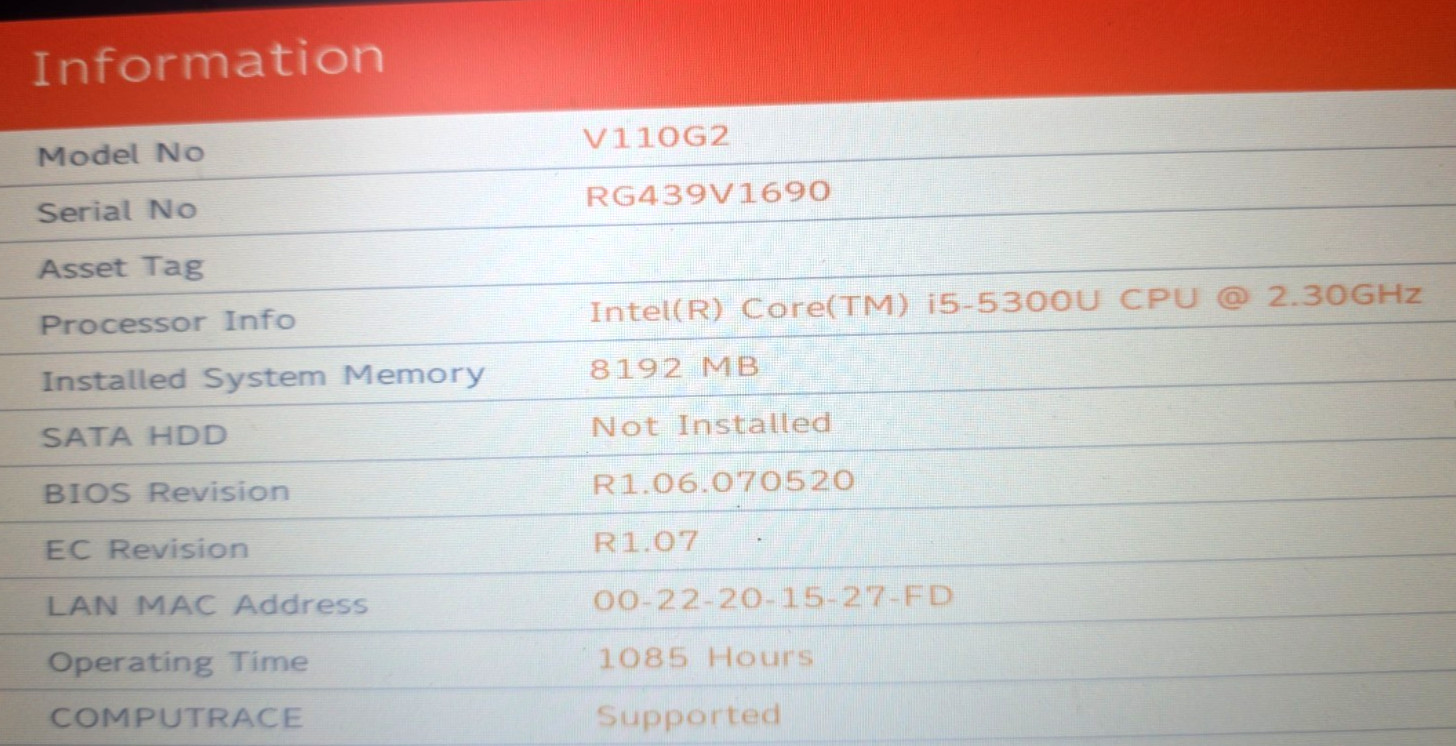 Getac V110 G2| Intel Core i5-5300U 2.30GHz| 8GB RAM| No HDD| No OS| 1,085 Hours