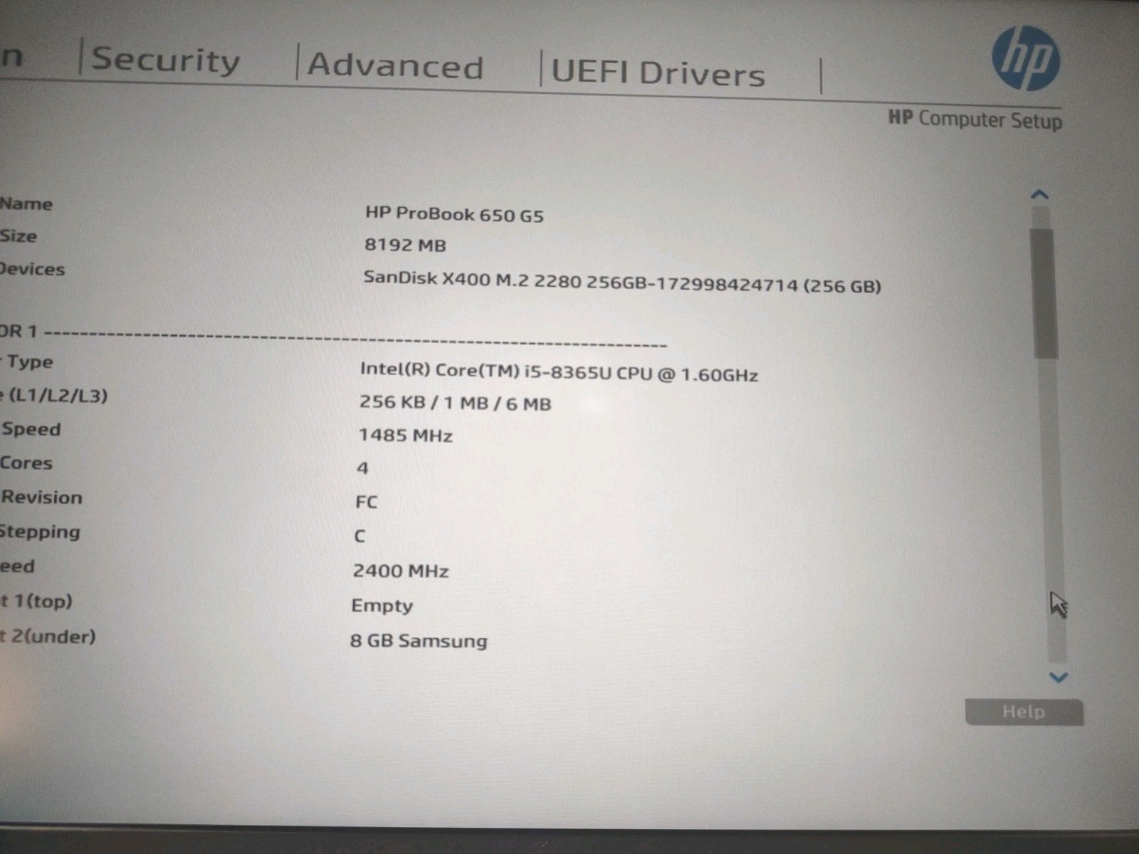 HP ProBook 650 G5 15.6″ W/ Intel i5-8365U @ 1.6GHz, 8GB, 256GB.