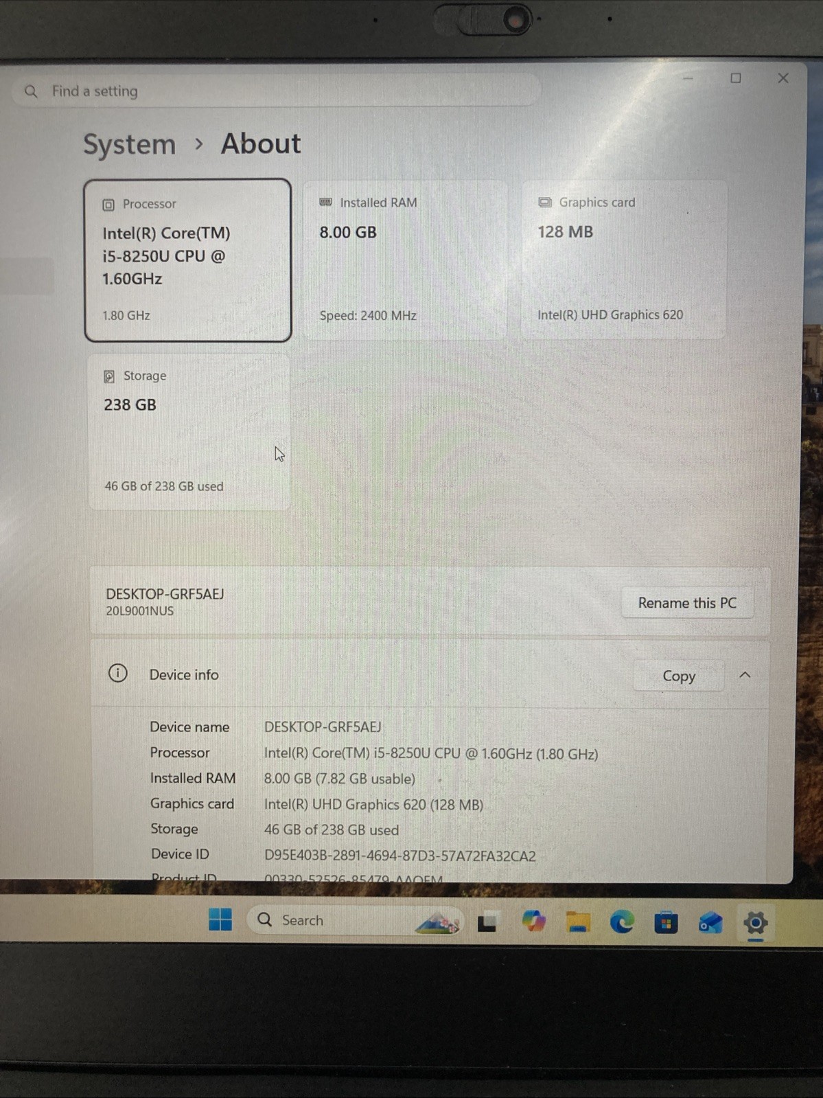 Lenovo ThinkPad T580 256GB SSD, Intel Core i5-8250U, 1.60GHz, 8GB Win 11 Pro