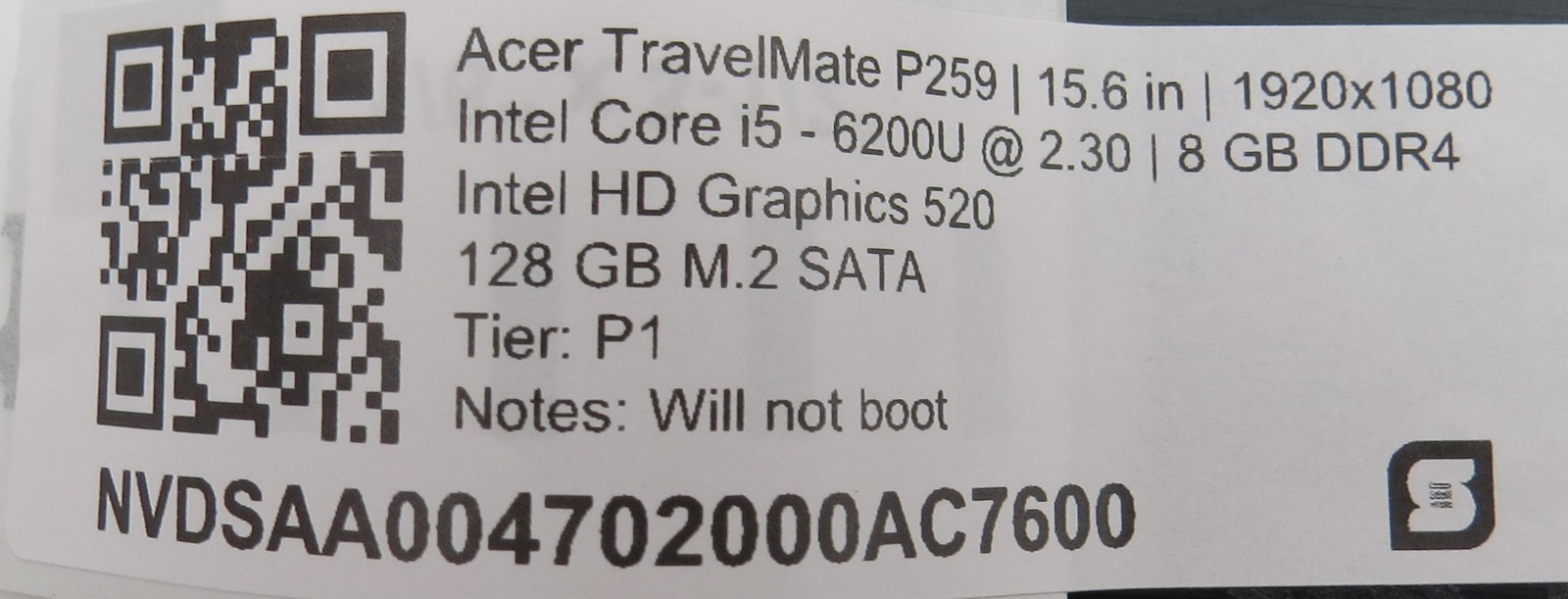 Acer TravelMate P259 i5-6200U @ 2.3GHz 8GB DDR4 128GB m2 15.6″ No OS/AC PARTS