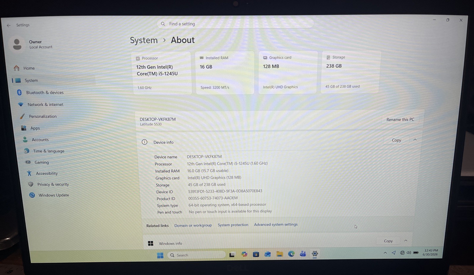Dell Latitude 5530 13.3″ i5-1245U@1.60GHz, 16GB RAM, 256 GB M2, Win 11 Pro *READ