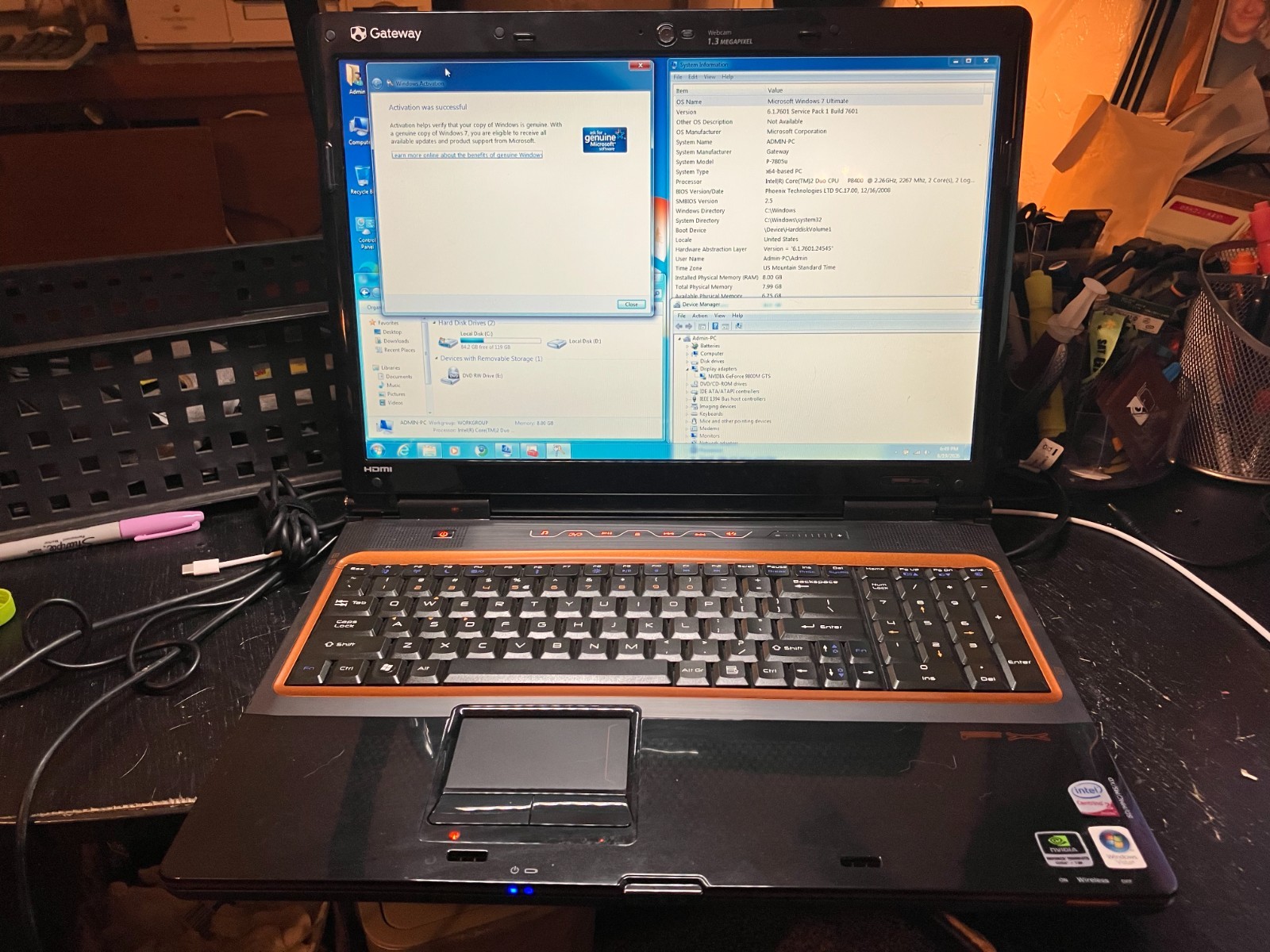 Gateway P-7805u 17″ Vintage Gaming Laptop C2D 2.26GHz 120GB SSD 8GB RAM NVIDIA 7