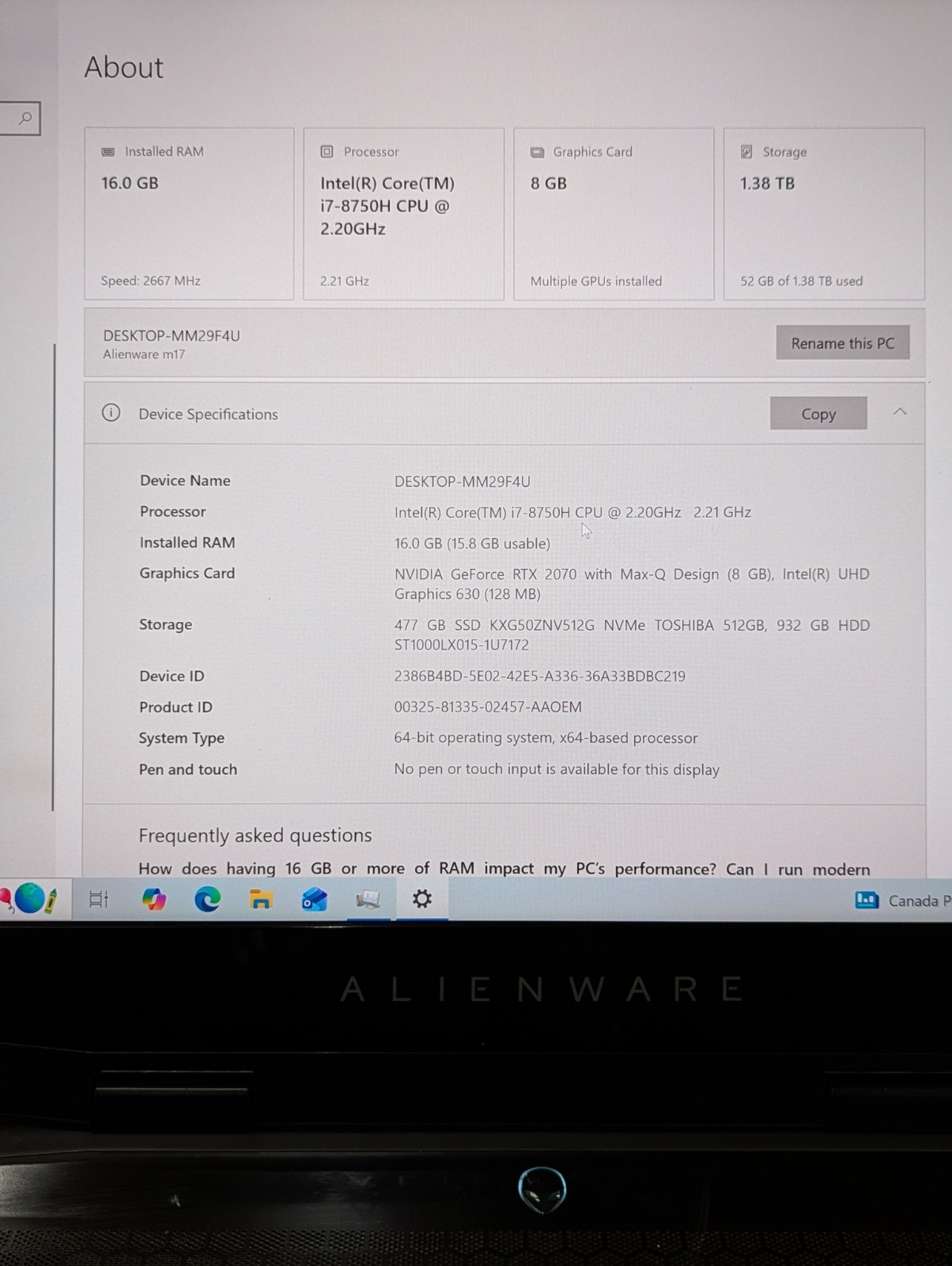 Alienware 2019 M174K UHD, Intel i7-8750,16gb RAM, Nvidia 2070, 1.5TB SSD