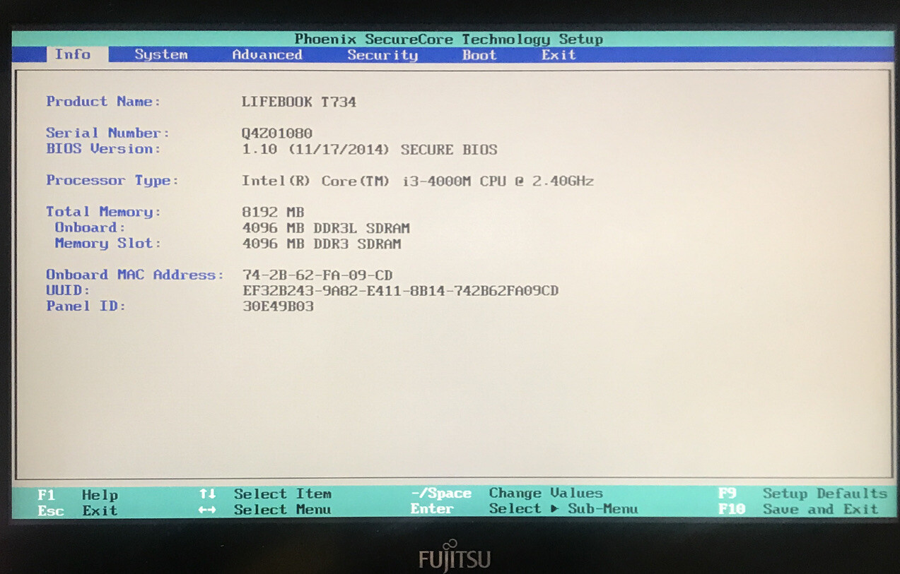 Fujitsu Lifebook T734 Intel i3-4000M CPU 2.40GHz 8 GB RAM NO HDD Boot to BIOS.