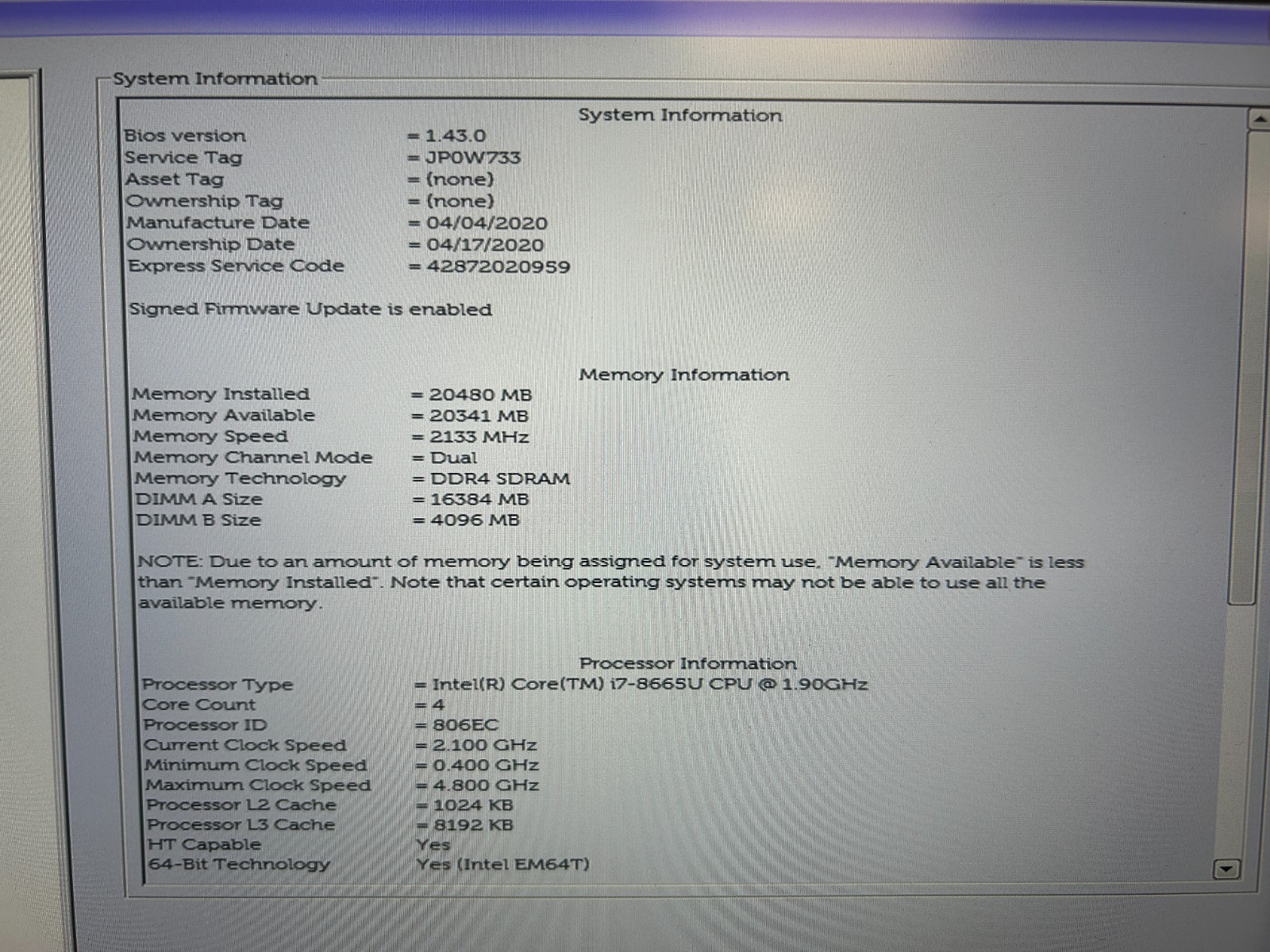 DELL LATITUDE 7400, Intel Core i7-8665U, 1.90 GHz, 20 GB RAM, 256 GB M.2