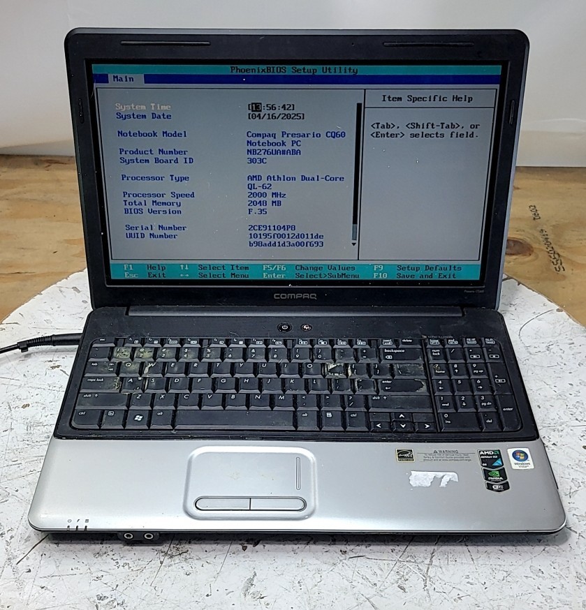 HP COMPAQ PRESARIO CQ60 Laptop AMD ATHLON DUAL-CORE QL-62 2GB SEE NOTES