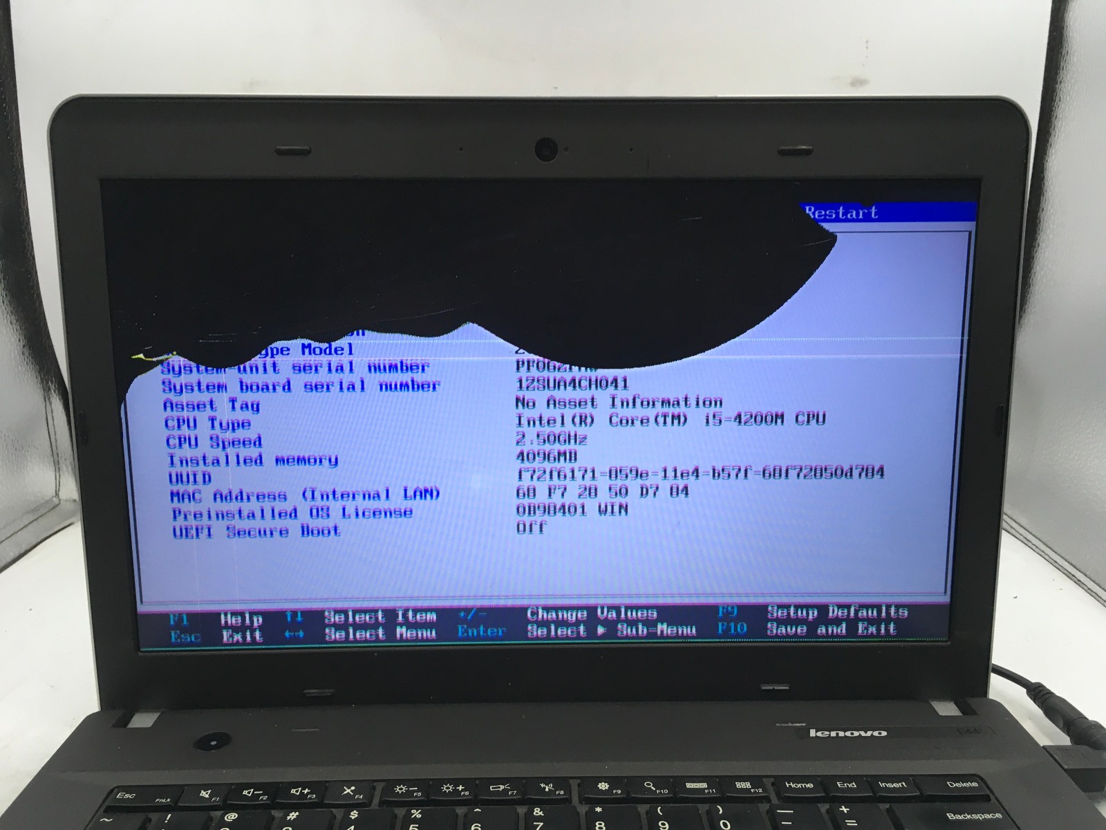 LENOVO THINKPAD E440 – BOOTS TO BIOS/BAD LCD – INTEL I5 4200M – NO RAM -READ-BB