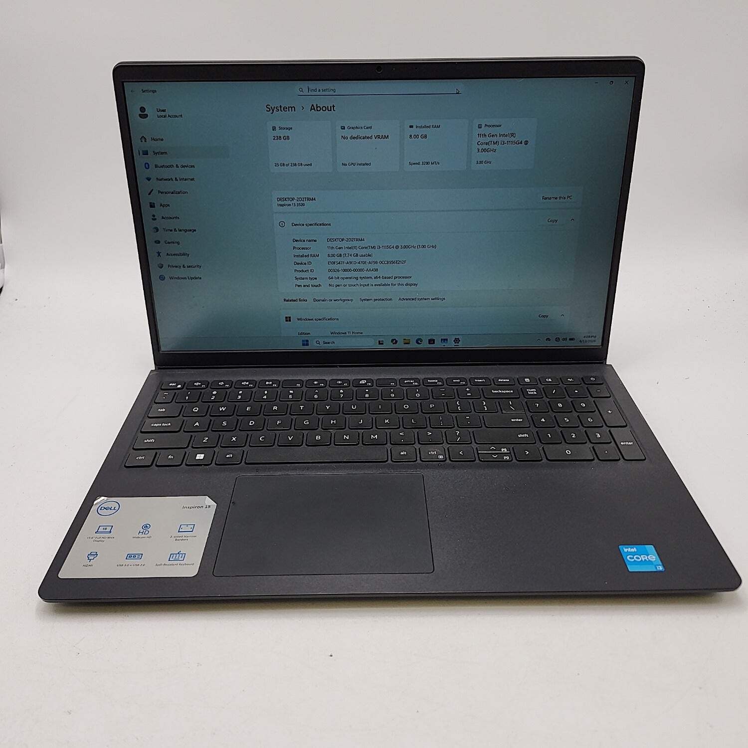 Dell Inspiron 3520 15.6″ i3-1115G4 1.7GHz 8GB RAM 256GB SSD