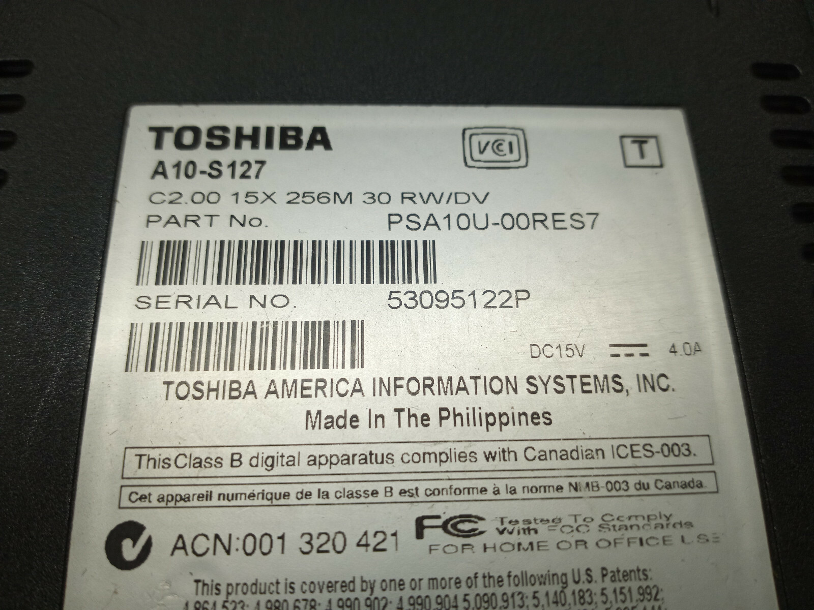 Toshiba Satellite A10-S127 Laptop NO HDD,CPU,Ram No AC Adapter FOR PARTS