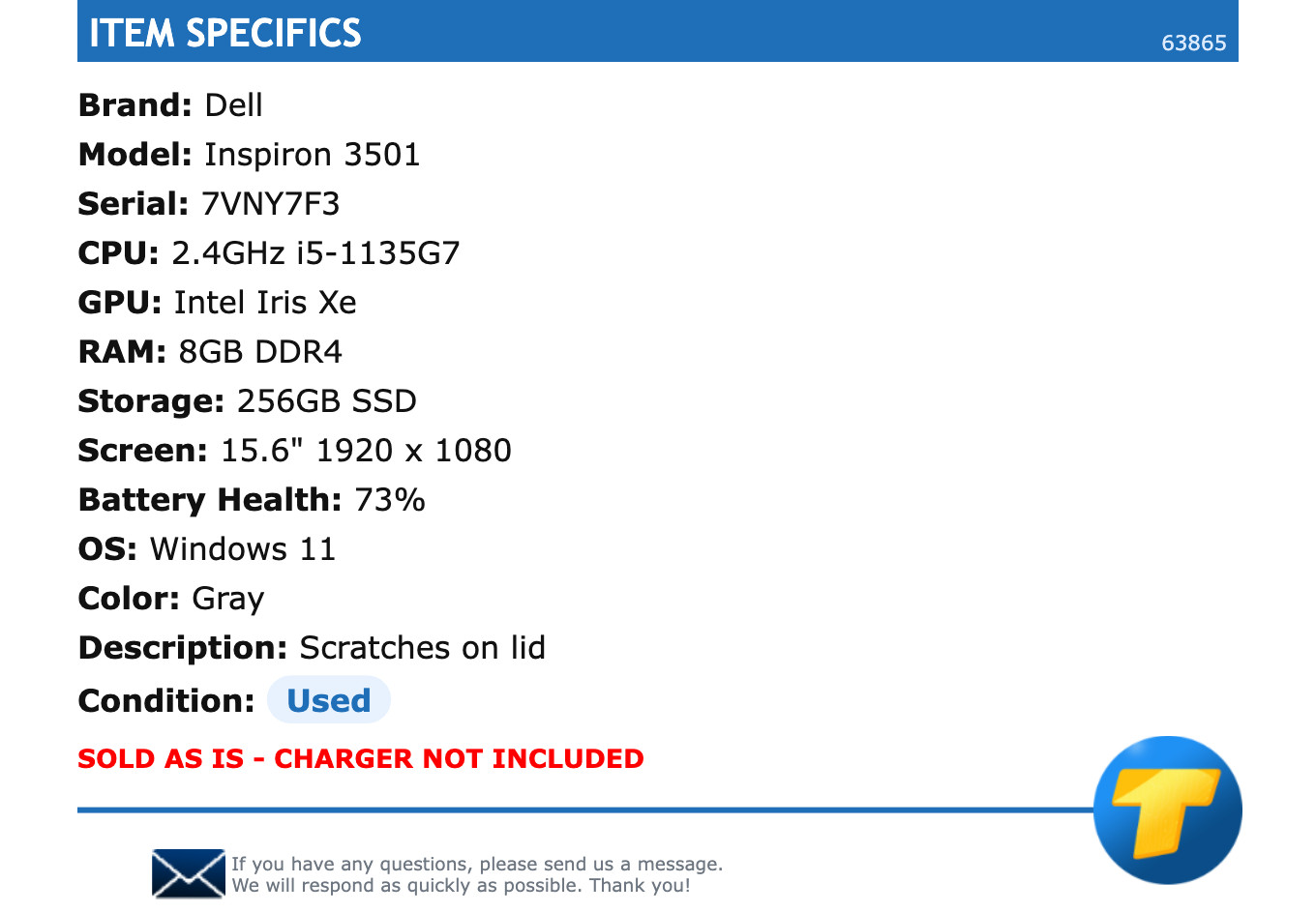 Dell Inspiron 3501 – 15.6″ FHD, 2.4GHz i5, 8GB RAM, 256GB SSD, Windows 11