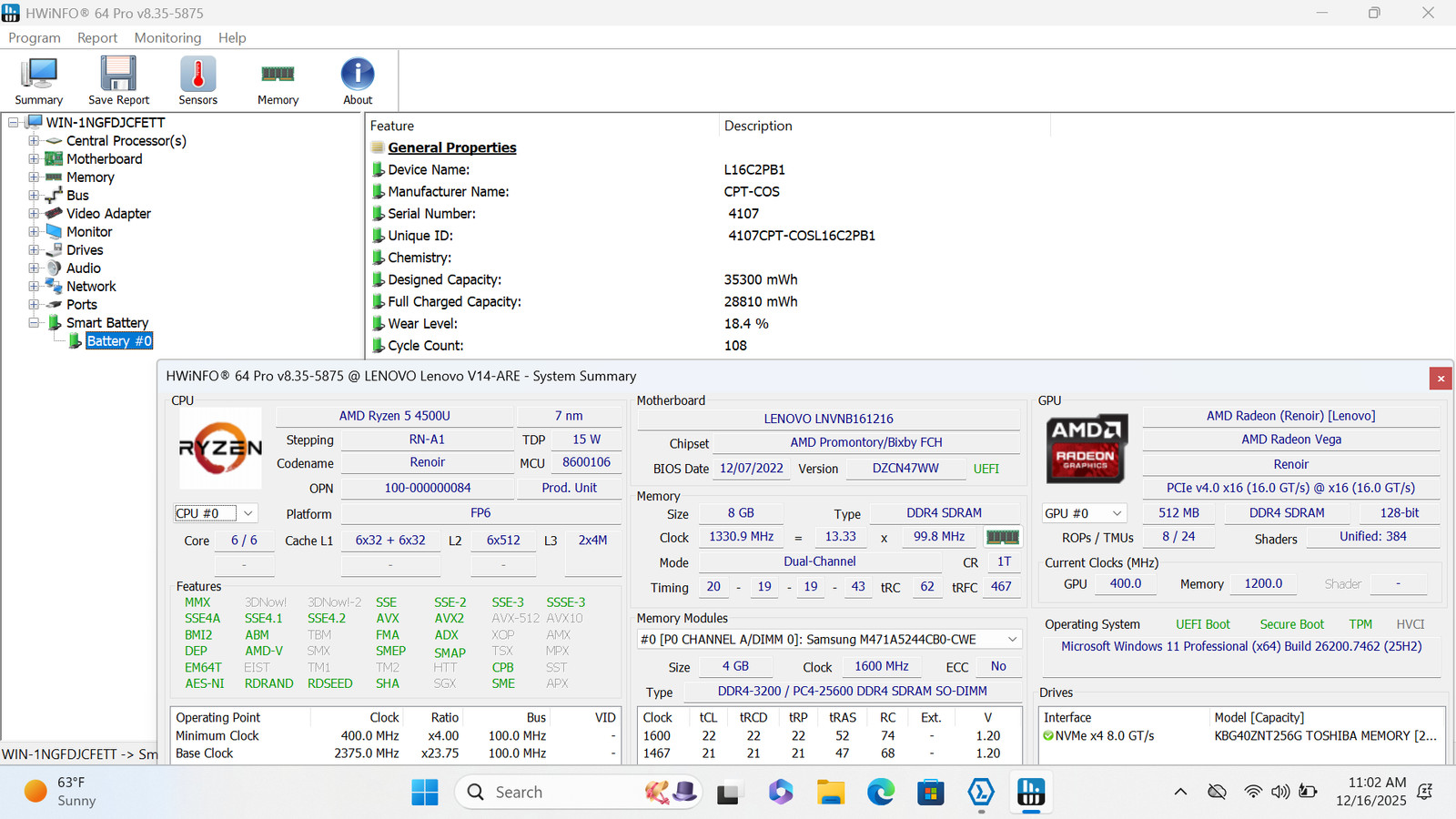 Lenovo V14-ARE Type 82DQ 14″ FHD RYZEN 5 4500U 256GB SSD 8GB W11P