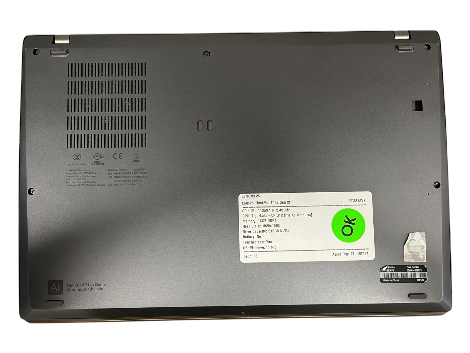 Lenovo ThinkPad T14s Gen 2i i5-1135G7 2.40GHz 16GB DDR4 512GB W11 PRO 14″ Laptop