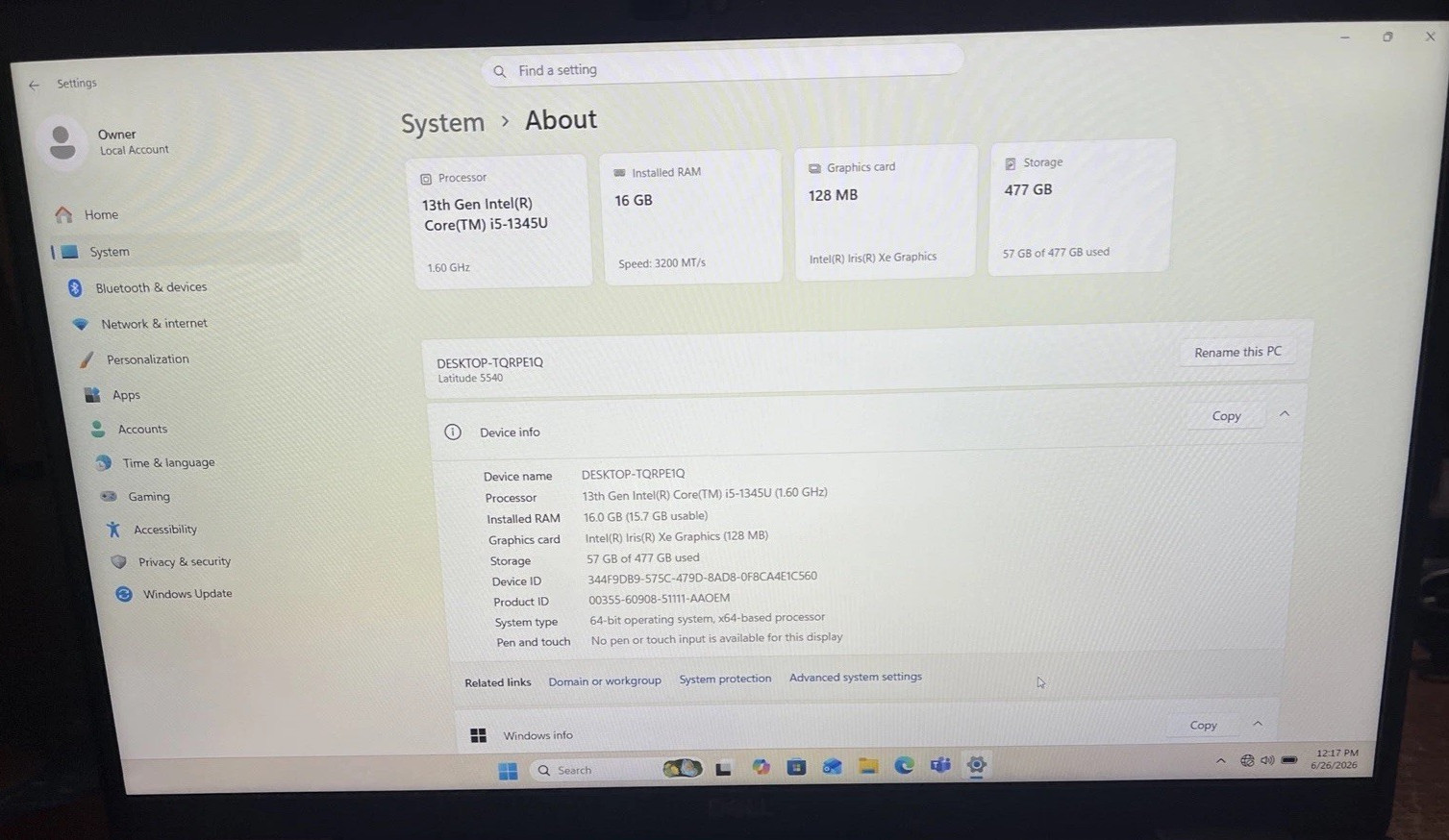 Dell Latitude 5540 15″ i5-1345U@1.6GHz, 16GB RAM, 512 GB M2, Win 11 Pro