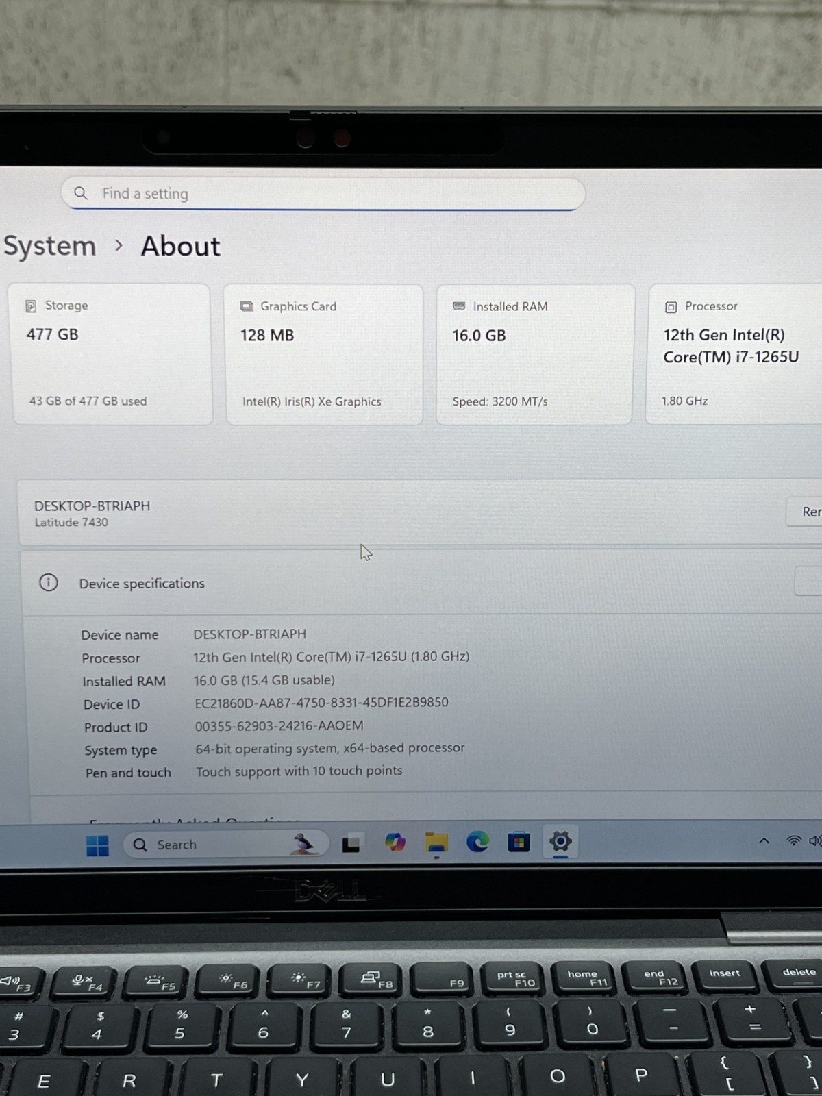 DELL LATITUDE 7430 i7-1265U@1.8GHz 16GB RAM 512GB NVMe W11P TOUCH WAC *READ QTY