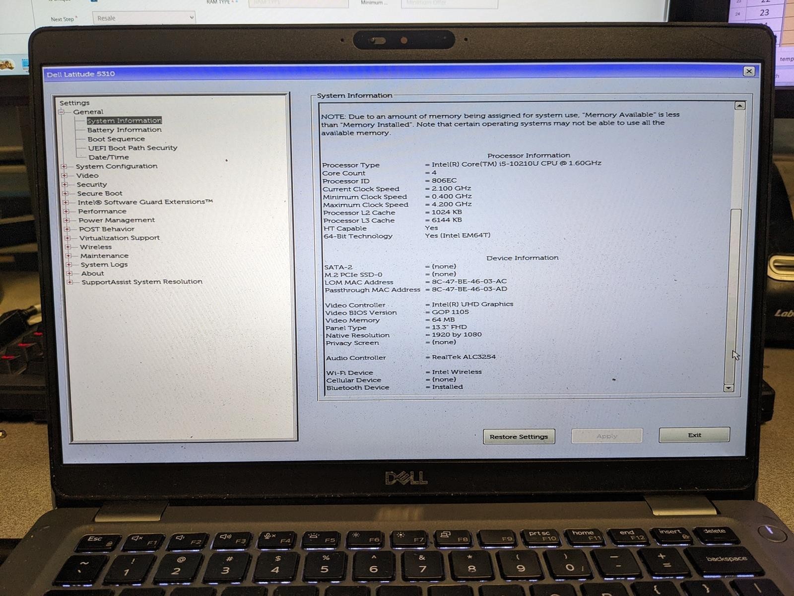 DELL LATITUDE 5310 i5-10210U @ 1.60GHz, 4GB RAM, NO HDD/OS
