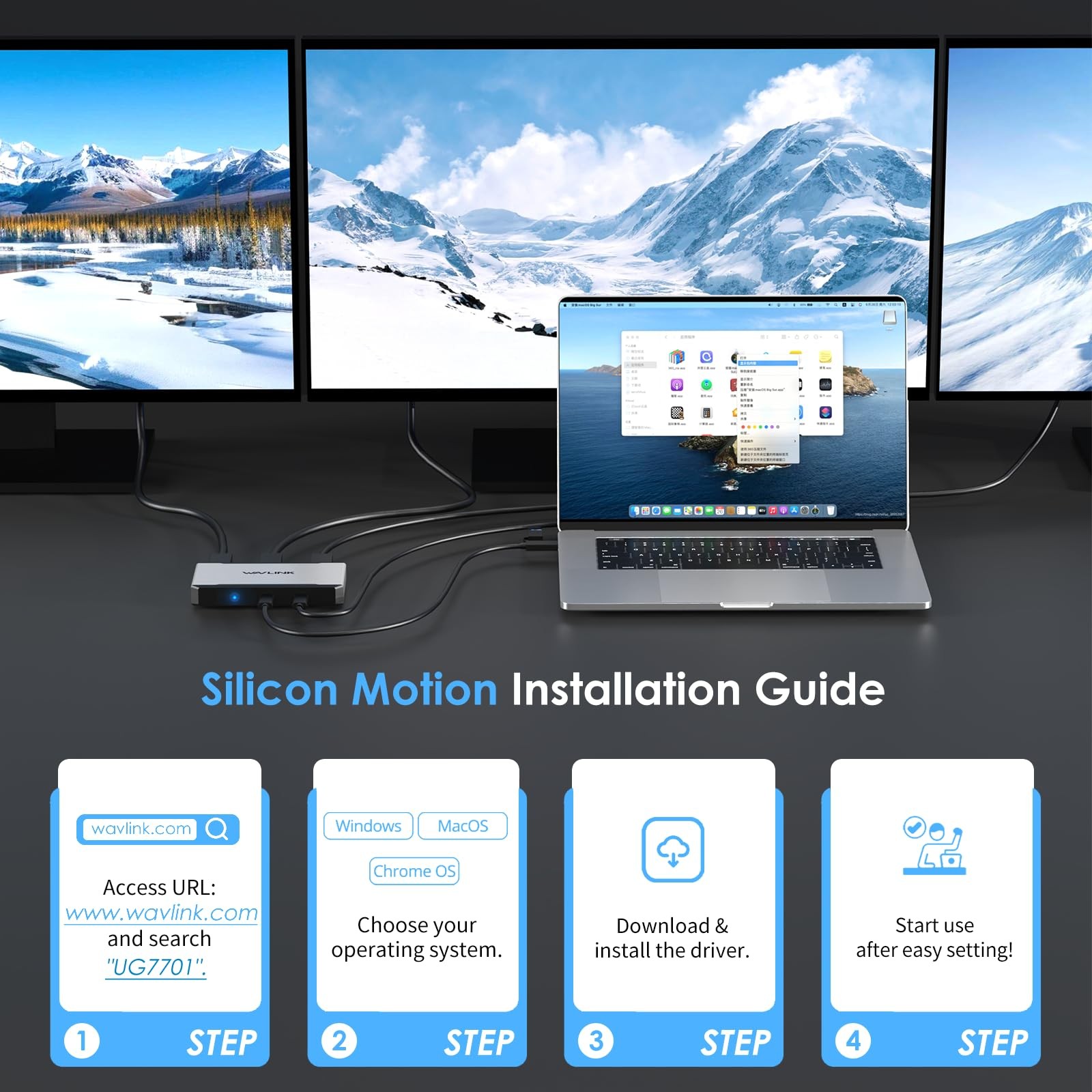 WAVLINK Triple Monitor Docking Station M1/M2/M3/M4 macOS 100W PD 4K 60Hz