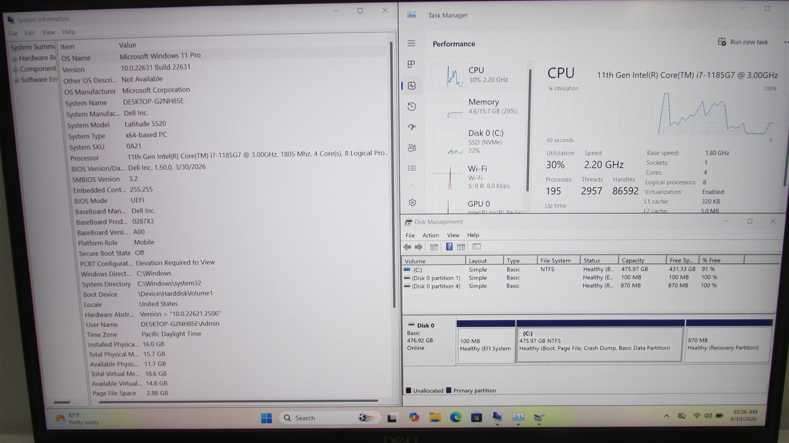 Dell Latitude 5520 i7-1185G7 3.0GHz 16GB RAM 512GB NVME 15.6″ Win11 Pro COSM DMG