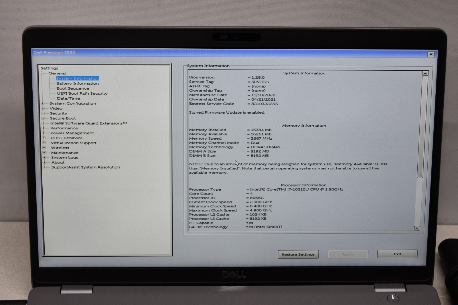 ^ Dell Precision 3550 15.6″ Intel i7-10510U @ 1.80GHz 16GB Ram No HD #X6994