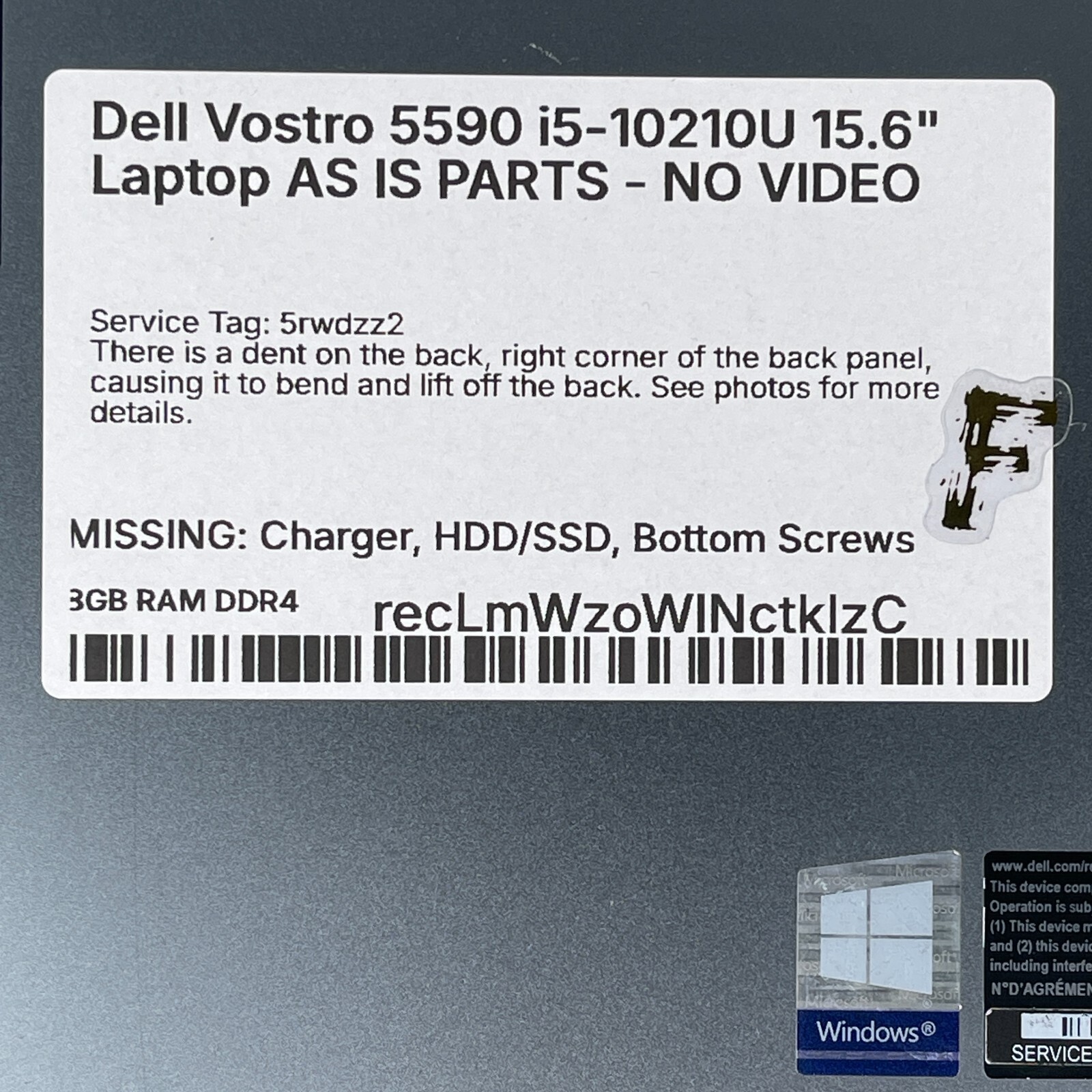 Dell Vostro 5590 i5-10210U 15.6″ Laptop AS IS PARTS – NO VIDEO SEE PICS