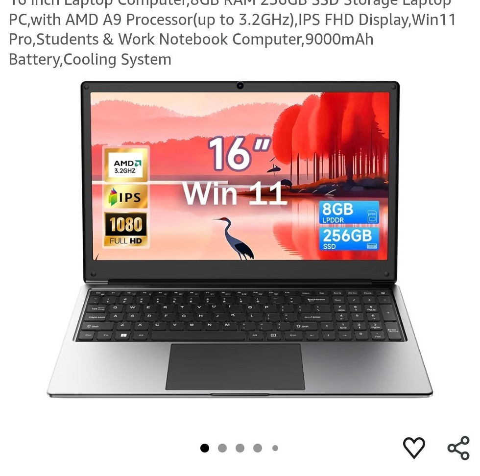Exilapsire 16in FHD Laptop AMD A9-9400 8GB 256GB SSD Win 11 Pro Silver