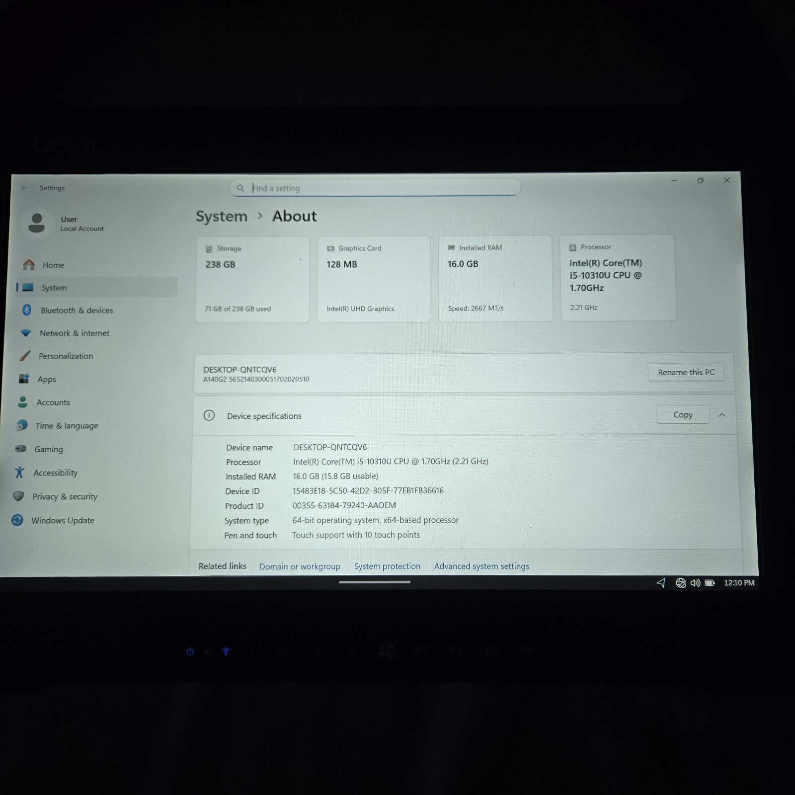 Getac A140 G2 Rugged Tablet Core i5-10310U 1.7GHz 256GB SSD 16GB Ram — Grade B