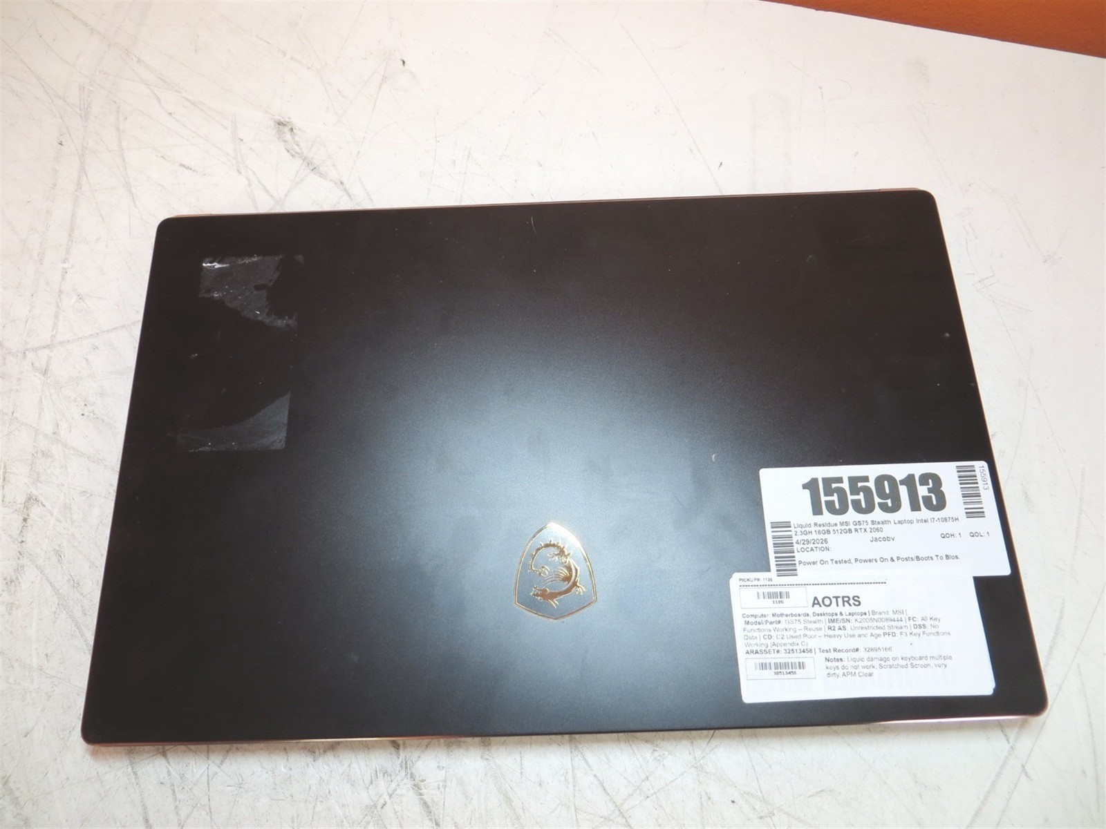 Liquid Residue MSI GS75 Stealth Laptop Intel i7-10875H 2.3GH 16GB 512GB RTX 2060