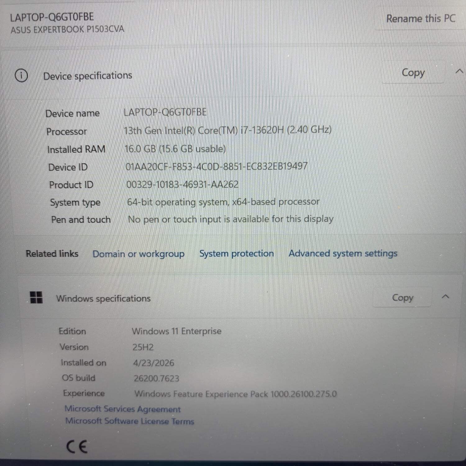 Asus Expertbook P1 P1503CVA 15.6″ i7-13620H 2.4GHz 16GB RAM 512GB SSD