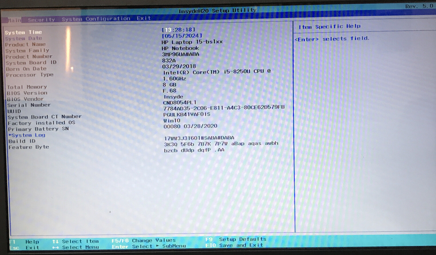 HP PAVILION 15-bs1xx 15-8250U 1.60 GHz, 8GB RAM, NO HDD/OS boot to bios