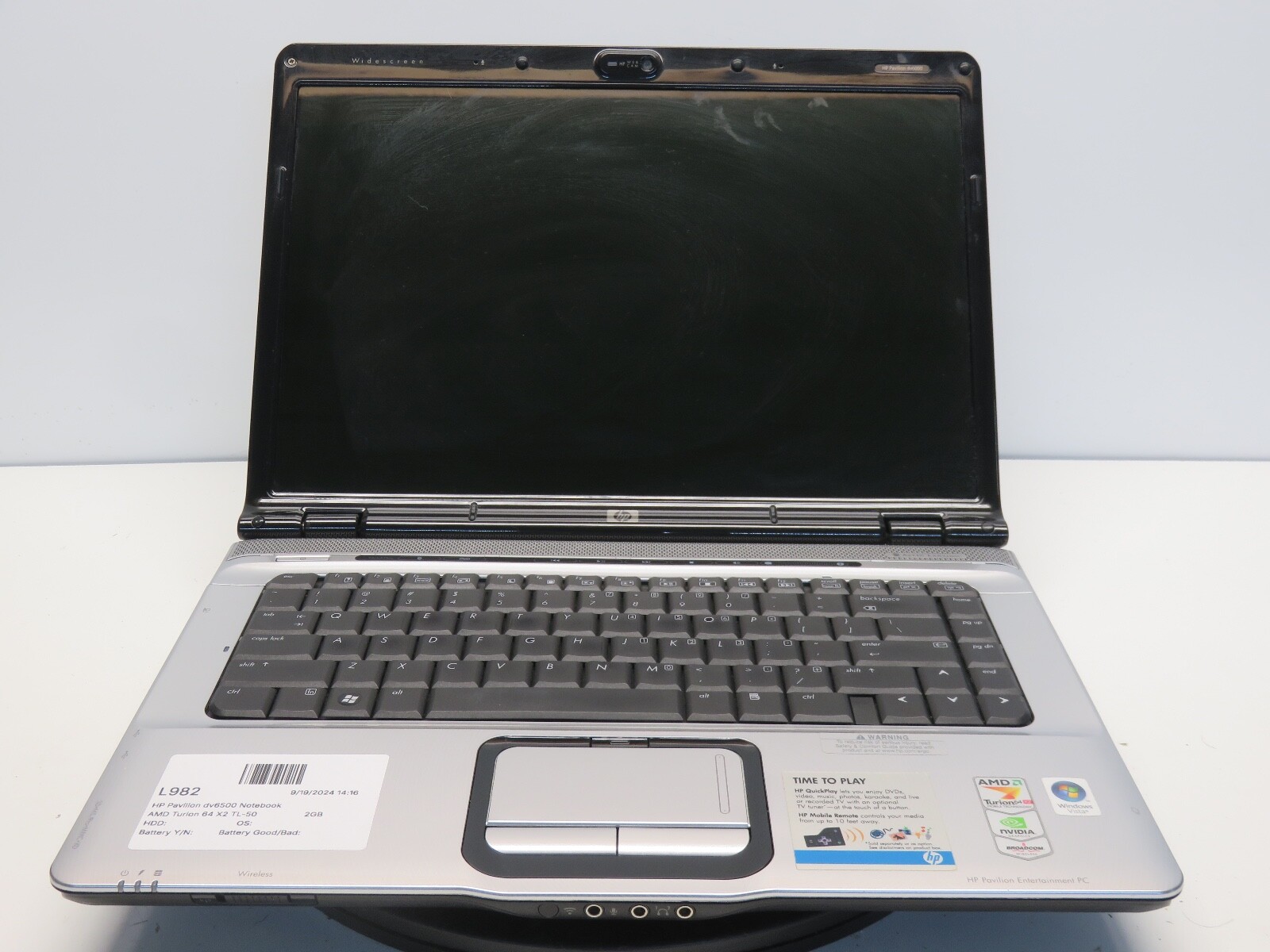 HP Pavilion dv6500 DV6636NR AMD Turion 64 X2 TL-50 1900MHz 2GB NO HDD No Batt