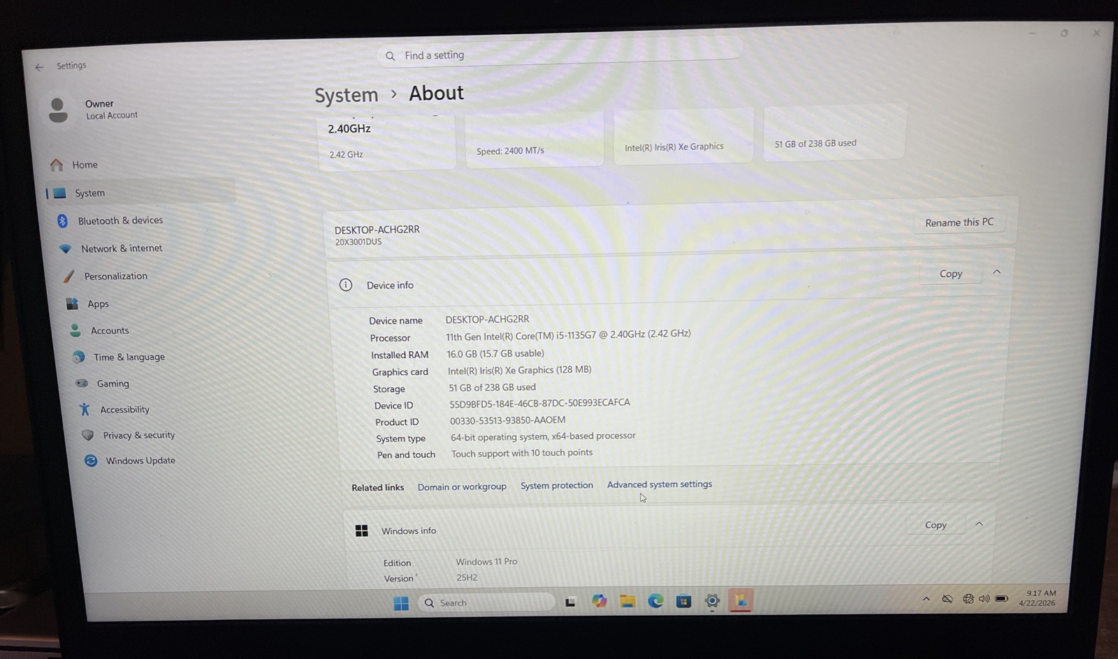 Lenovo ThinkPad L15 15.6″ i5-1135G7@2.4GHz, 16GB RAM, 256 GB M2, W11P *READ*