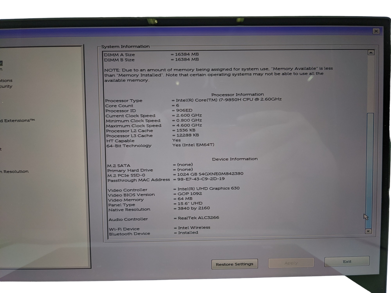 DELL PRECISION 5540 15″ i7 2.6GHz 32GB RAM 1TB SSD Grade D
