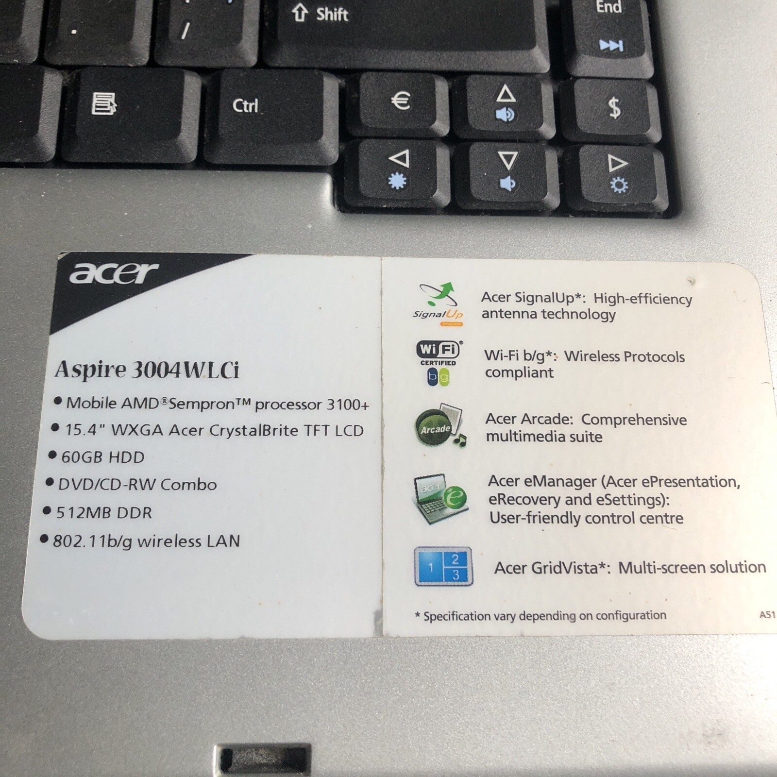 Acer Aspire 3000 3004WLCi Laptop AMD Sempron 512MB RAM+60GB HDD – NEEDS WORK