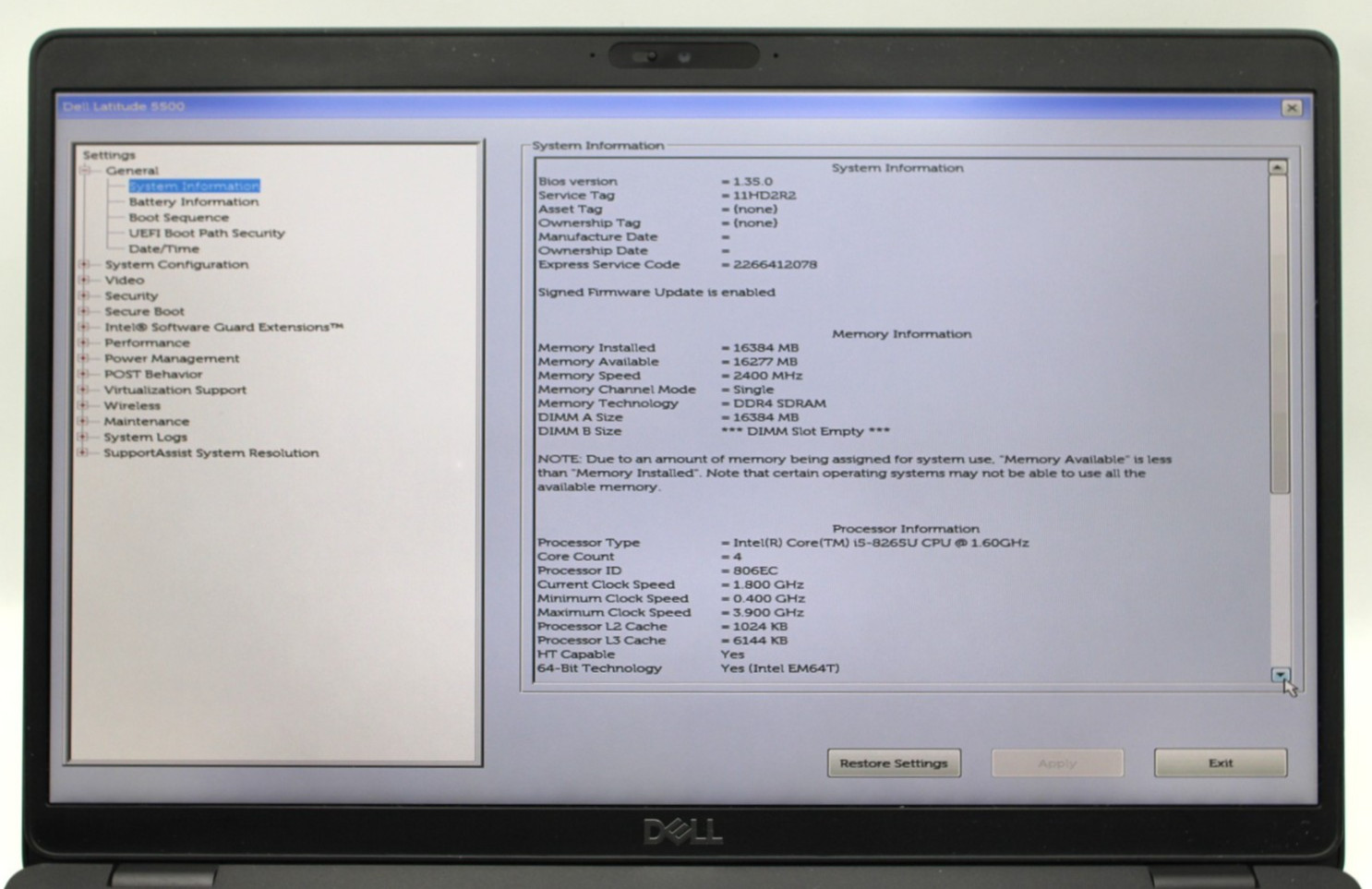 Dell Latitude 5500 i5-8265U@1.6GHz 16GB DDR4 NO STORAGE OR OS *USED/TESTED* READ